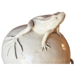 Naturalistic White Porcelain Sculpture of a Frog Sitting on a Watermelon