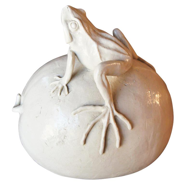Naturalistic White Porcelain Sculpture of a Frog Sitting on a Watermelon 2