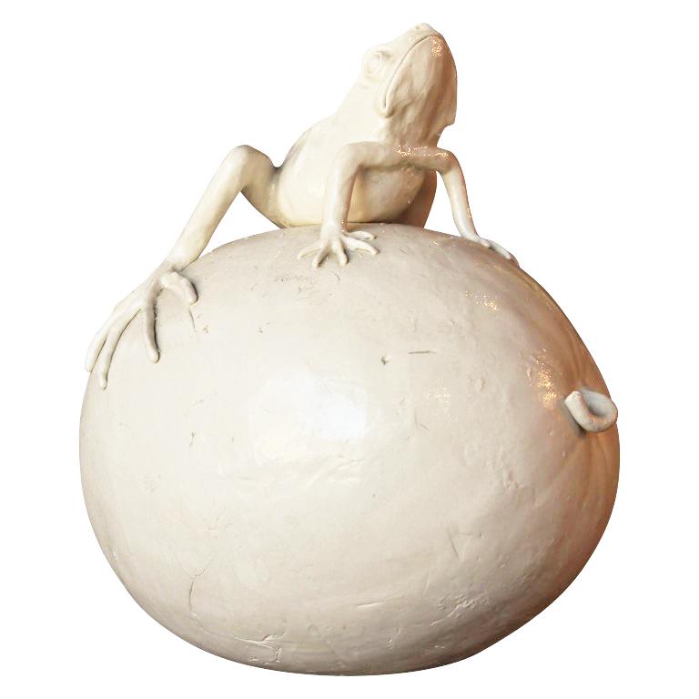Frank Fleming Figurative Sculpture - Naturalistic White Porcelain Sculpture of a Frog Sitting on a Watermelon