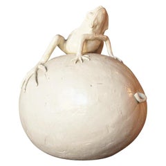 Naturalistic White Porcelain Sculpture of a Frog Sitting on a Watermelon
