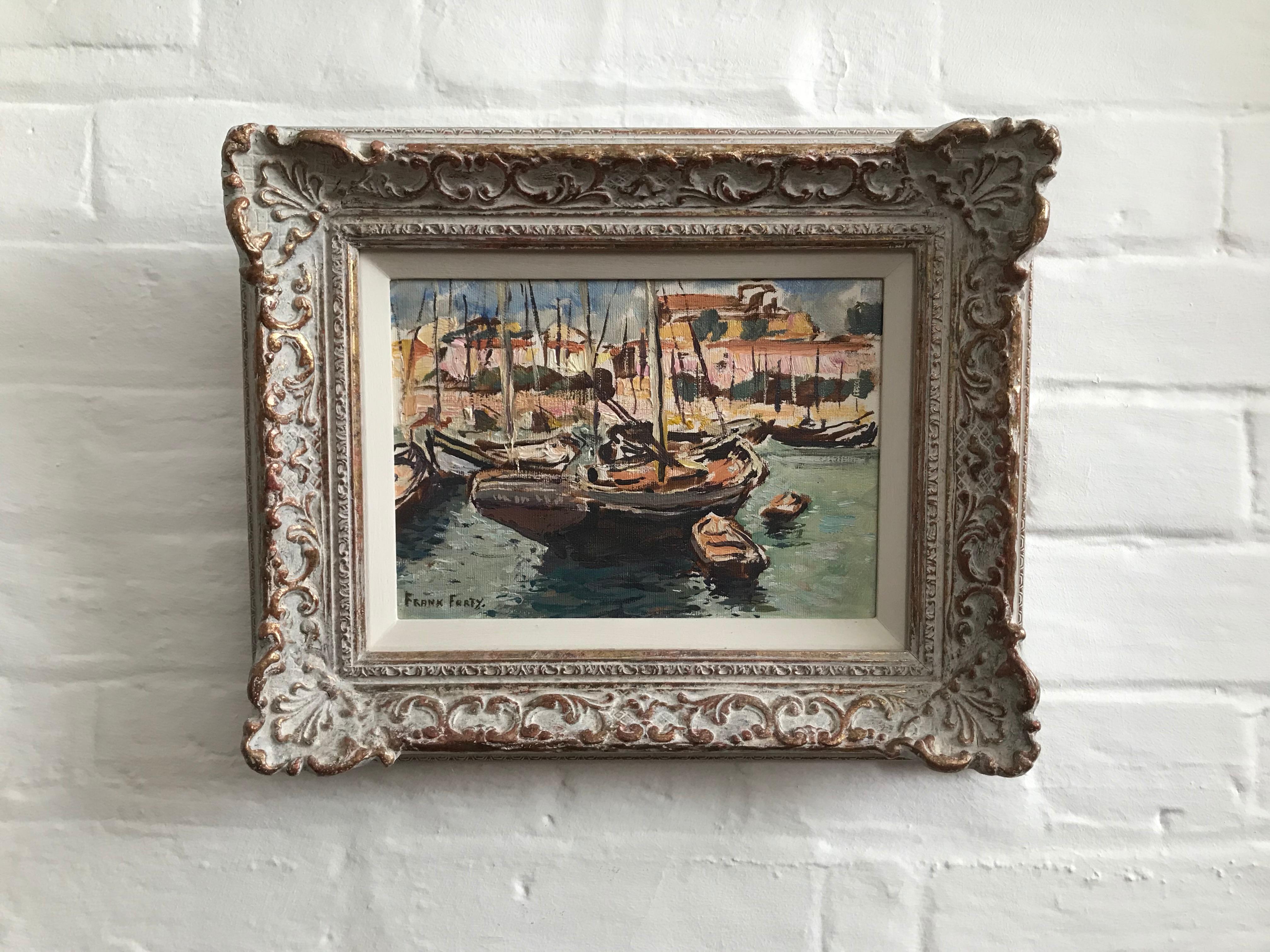 (One of two paintings we are offering by the artist, both with wonderful frames - a discount price available if you buy both)

Frank Forty (1902-1996)
Boats in harbour
Signed
Oil on paper
6.5 x 9.5 inches
With a fabulous Impressionist style frame

A