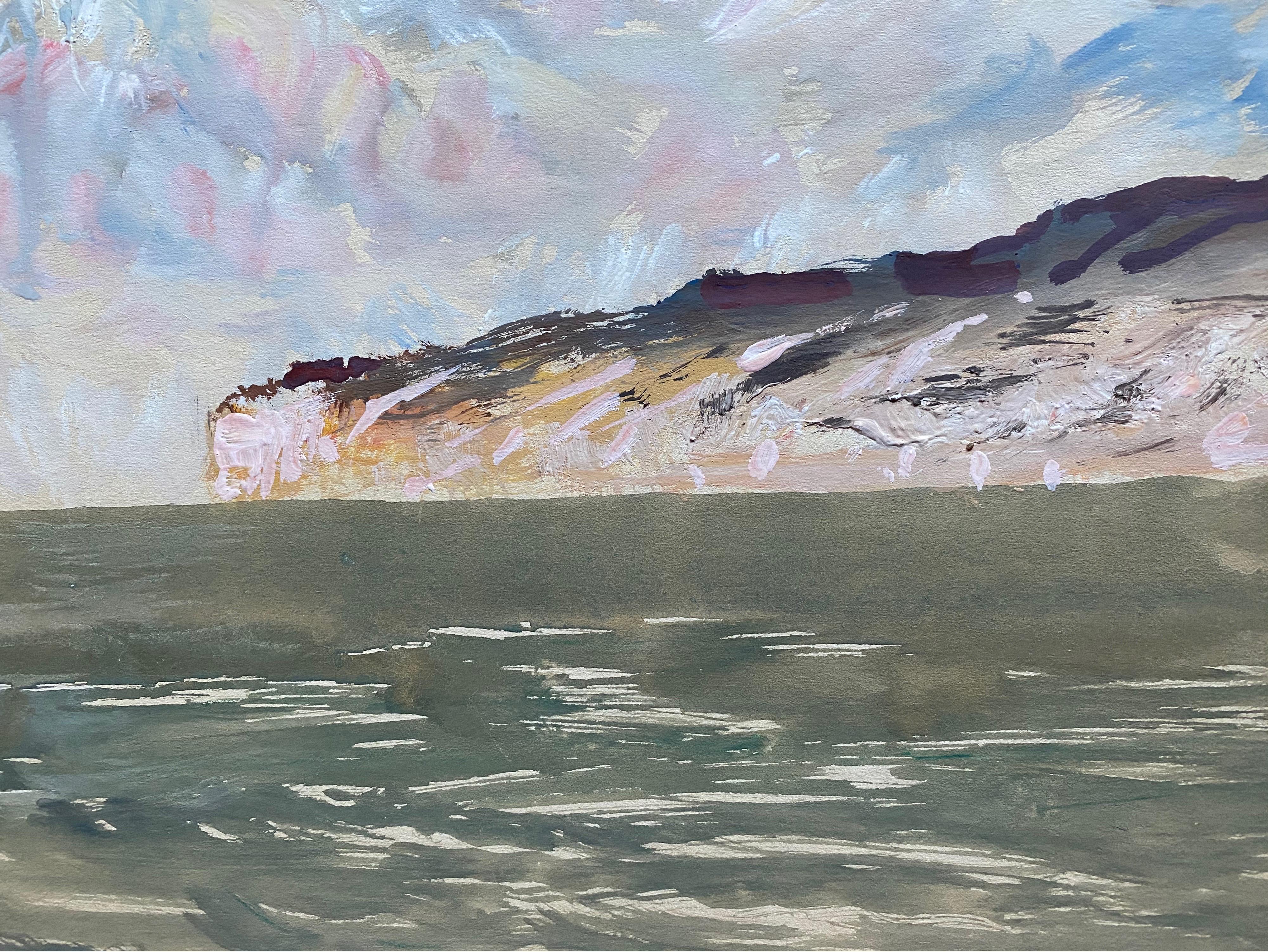 Aquarelle de l'artiste irlandais du milieu du 20e siècle - Cuir Madeira - Paysage marin ouvert - Gris Landscape Painting par Frank Forty