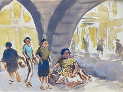 Peinture à l'aquarelle d'un artiste irlandais du milieu du 20e siècle représentant un marché continental