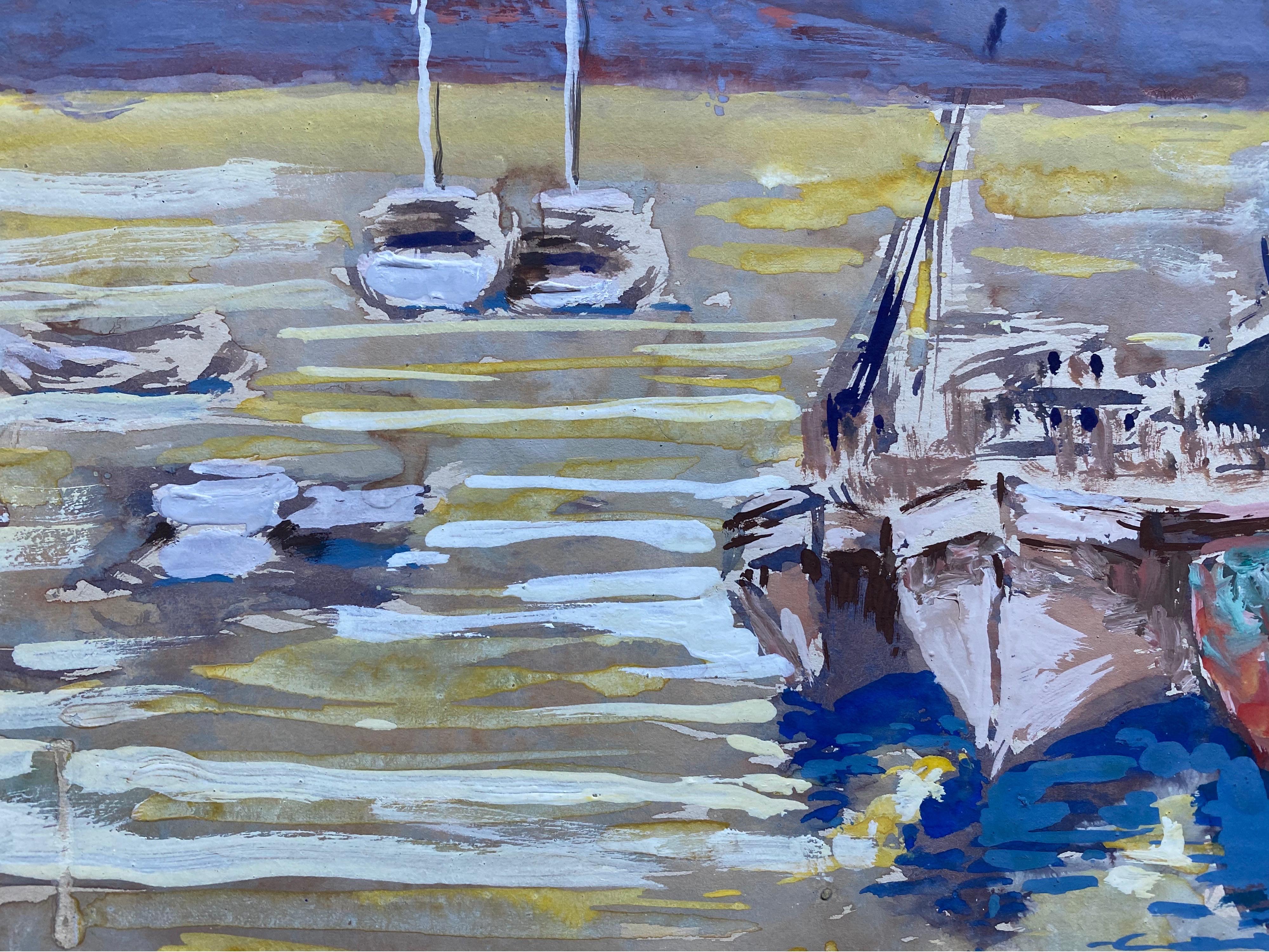 Mid 20th C. Irish Artist Watercolor Painting of Boats In Hilly Landscape - Gray Landscape Painting by Frank Forty