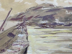 Pintura en acuarela de mediados del siglo XX de un artista irlandés sobre una playa rústica costera con barcas