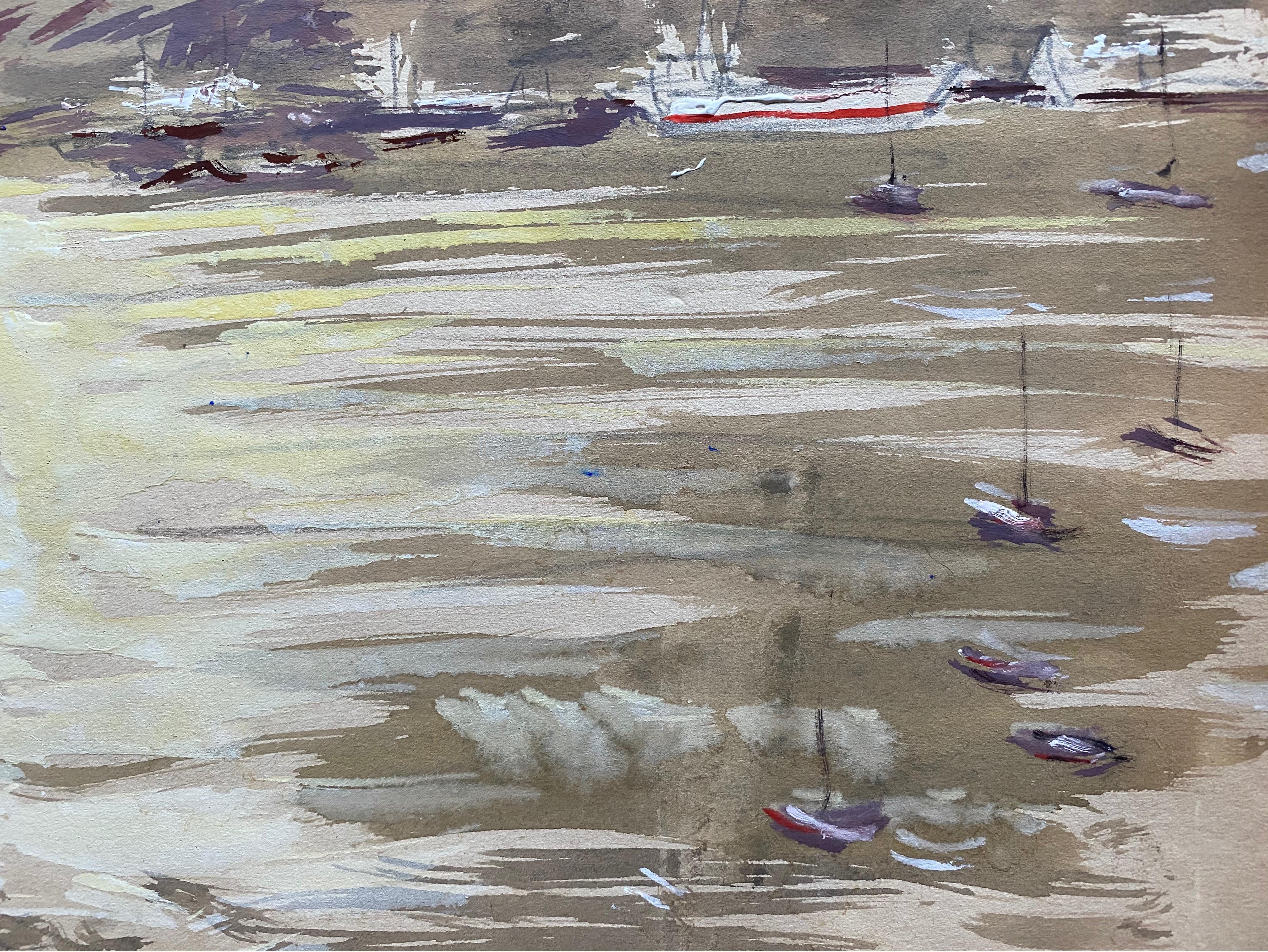 Pintura en acuarela de mediados del siglo XX de un artista irlandés sobre una playa rústica costera con barcas - Landscape Art Gris de Frank Forty