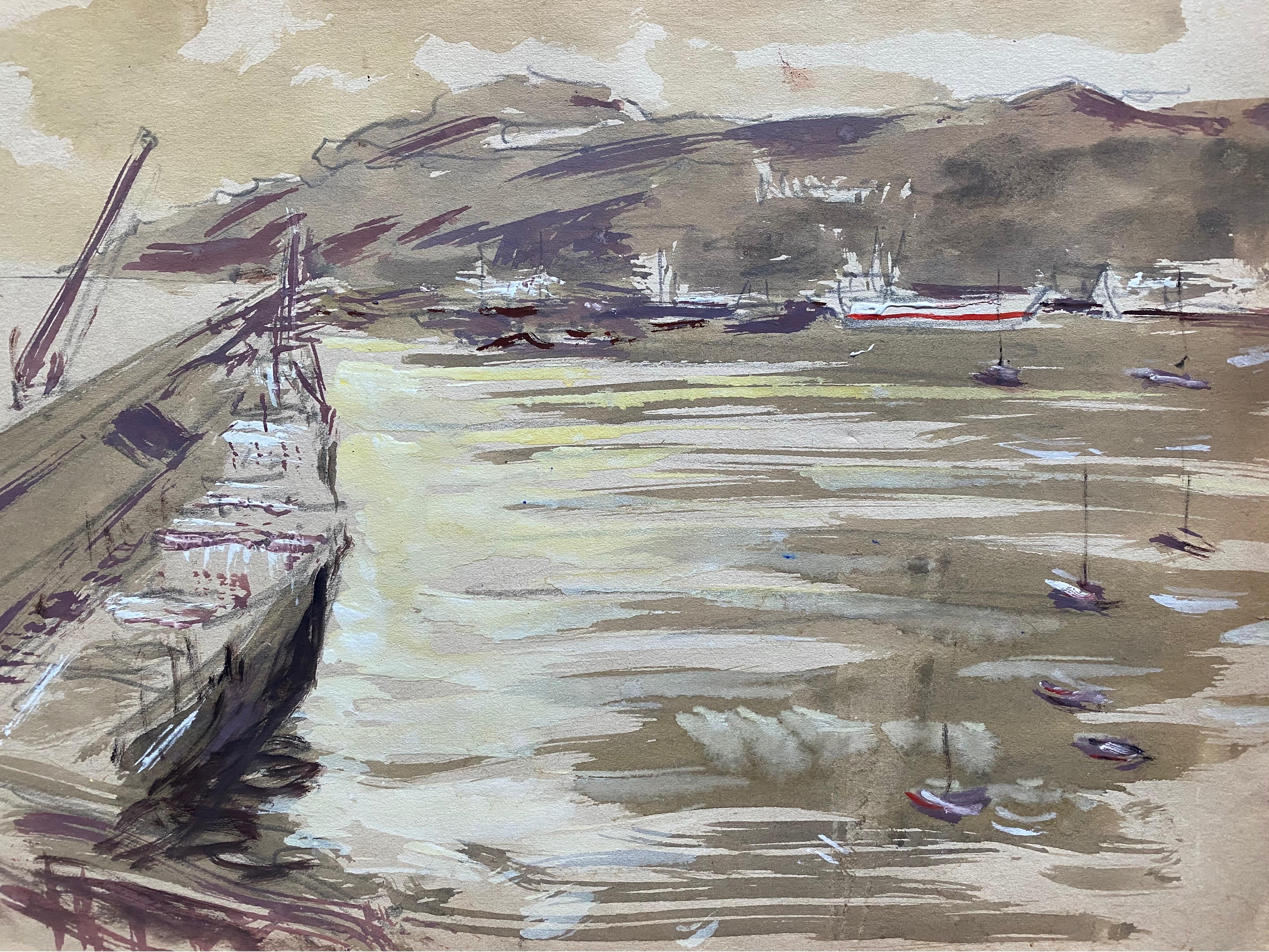 Landscape Art de Frank Forty - Pintura en acuarela de mediados del siglo XX de un artista irlandés sobre una playa rústica costera con barcas