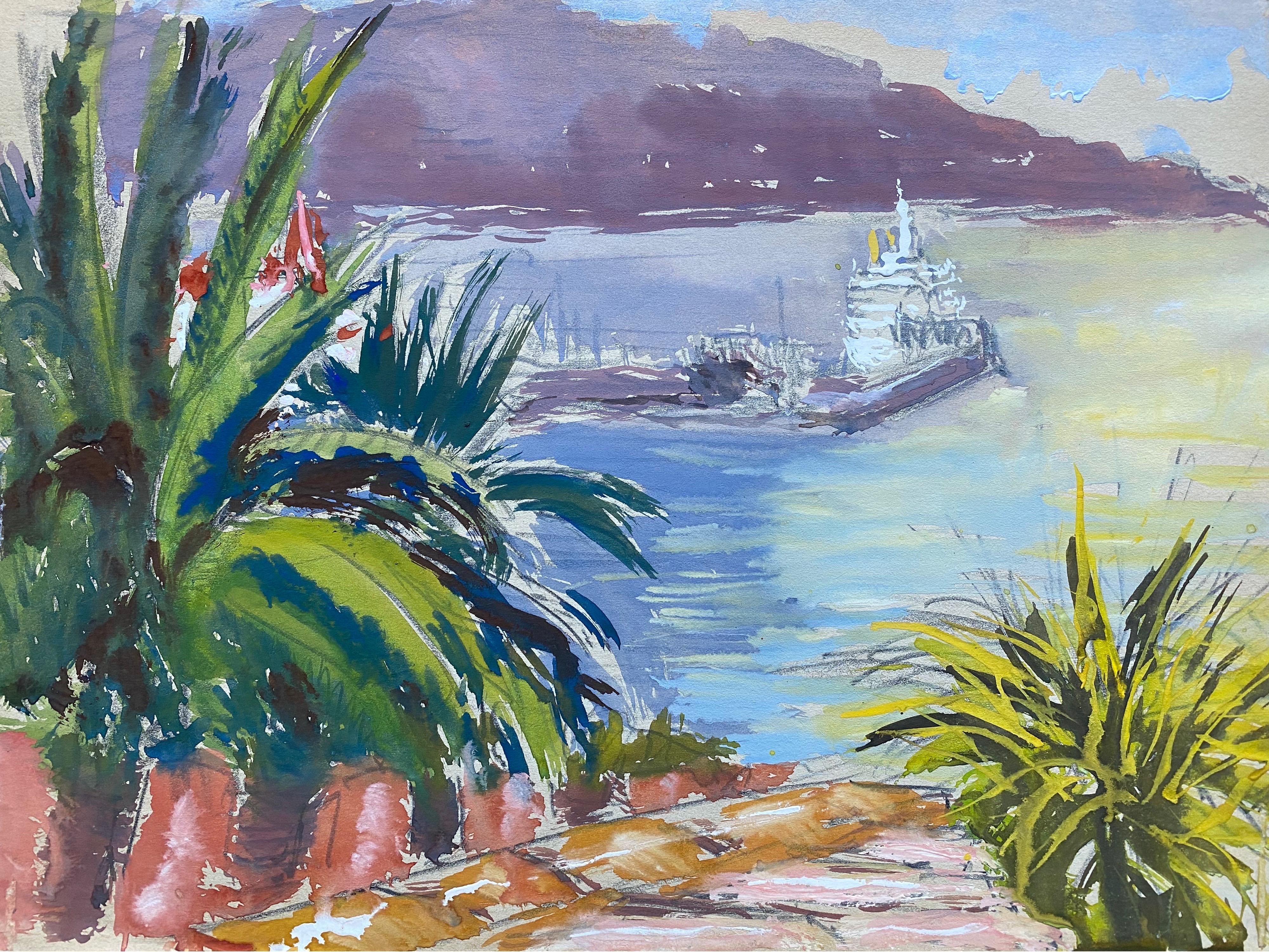 Landscape Painting de Frank Forty - Pintura en acuarela de un artista irlandés de mediados del siglo XX sobre un puerto exótico en España