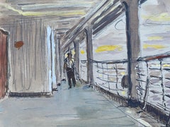 Mid 20th C. Irish Artist Watercolor Painting of Ships Deck Cruise Ship Canberra
