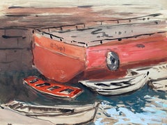 Peinture à l'aquarelle d'un artiste irlandais du milieu du 20e siècle représentant un port espagnol de Vigo