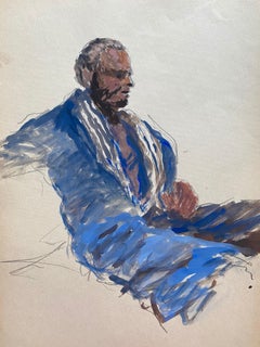 Mid 20th C. Irish Artist Watercolor Painting Portrait of a Seaman in Blue