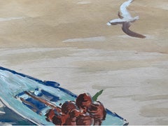 Mid 20th C. Irish Artist Watercolor Painting Spanish Blue Fishing Boat Vigo