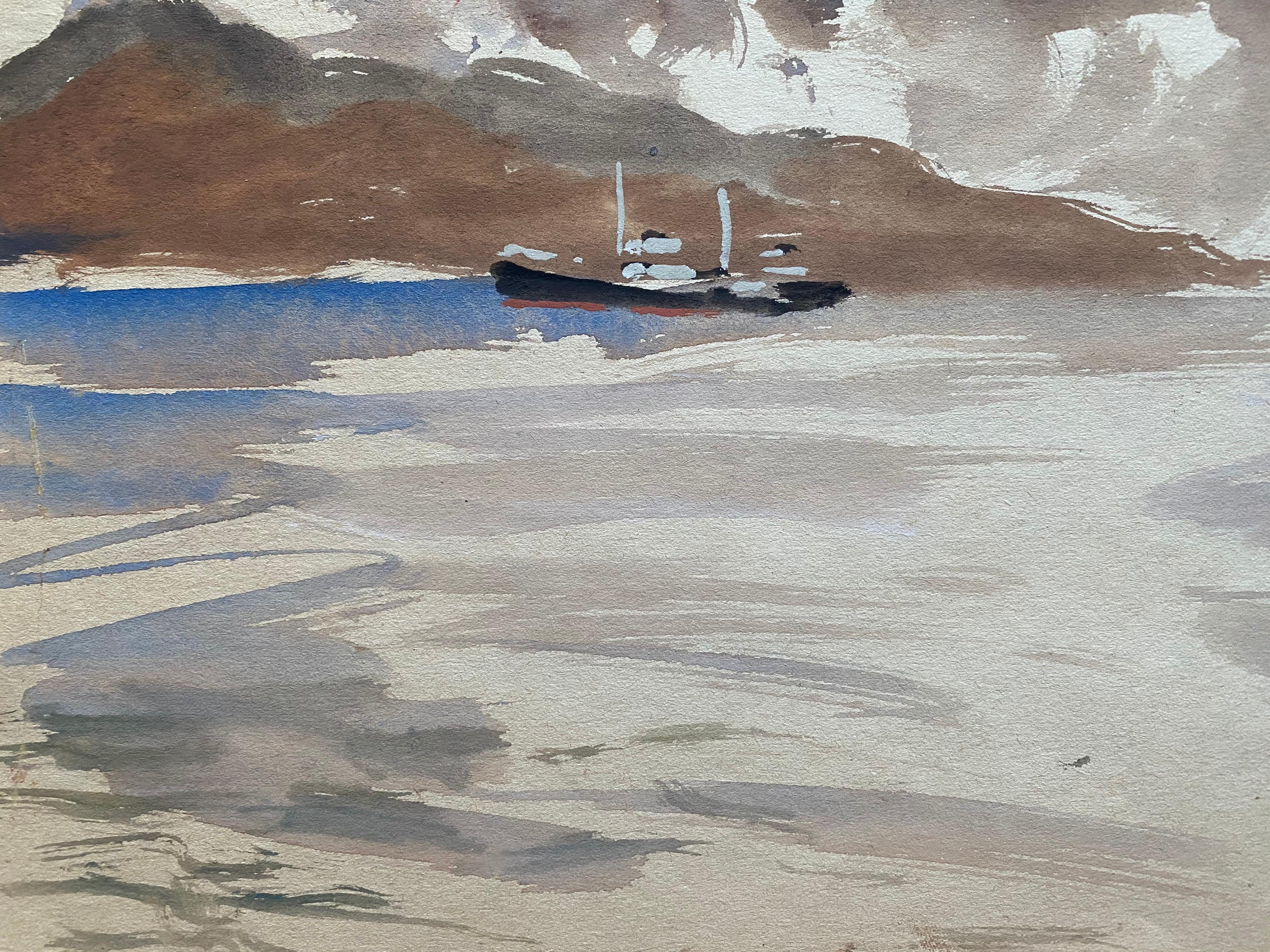 Mid 20th C. Irish Artist Watercolor Painting - Vigo Spain Coastal Landscape Boat - Gray Landscape Art by Frank Forty
