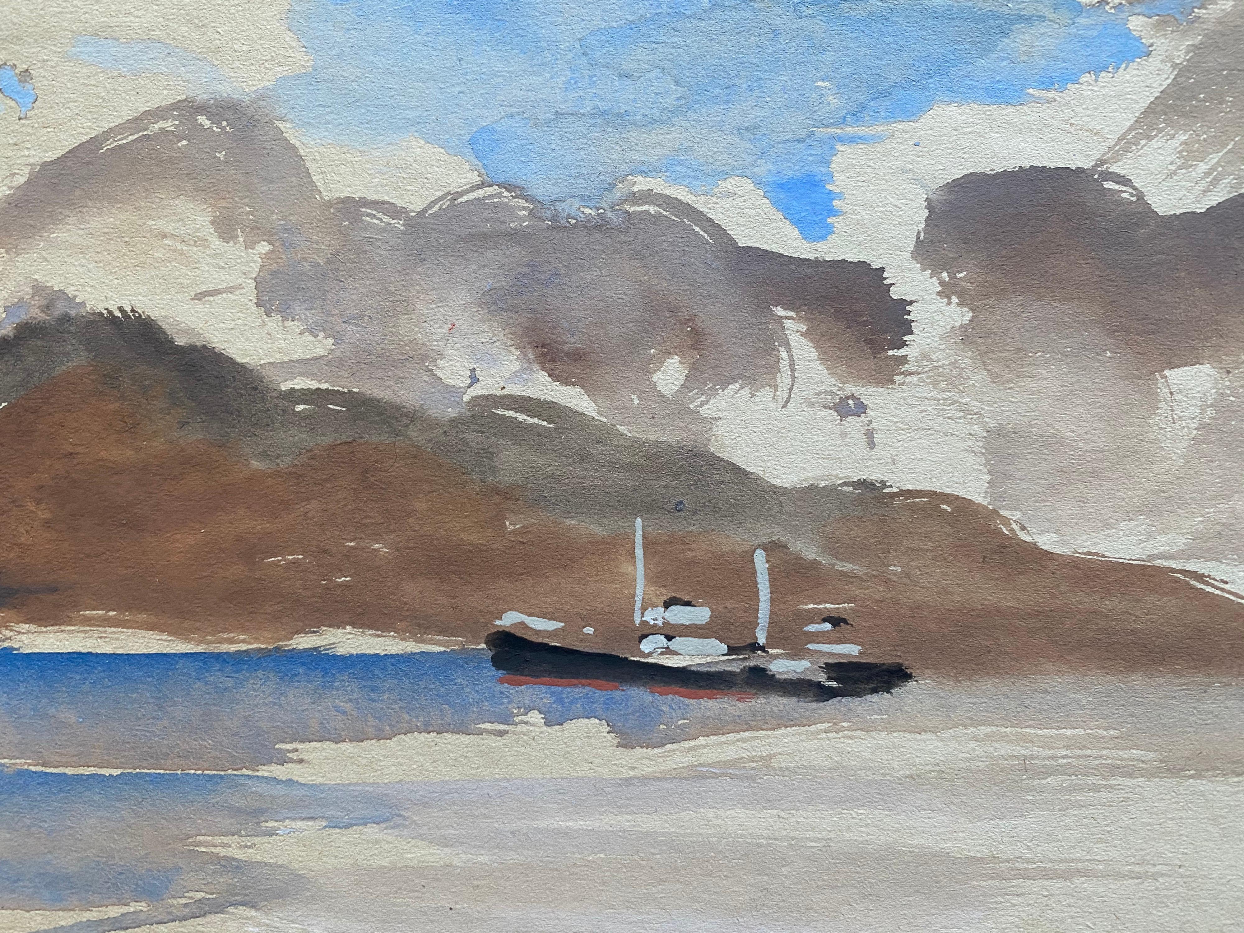 Pittura ad acquerello di un artista irlandese della metà del XX secolo - Vigo Spagna, paesaggio costiero, barca in vendita 1