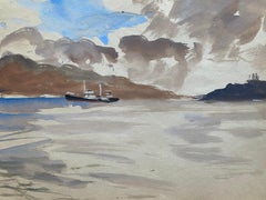 Peinture à l'aquarelle d'un artiste irlandais du milieu du 20e siècle - Vigo, Espagne, paysage côtier bateau