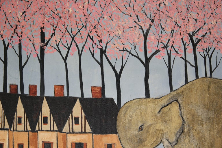Brightly colored painting of an elephant with townhomes in the background and a row of pink blooming trees. The work is signed by the artist. It is framed in a natural wooden frame. 
Dimensions Without Frame: H 20 in. x W 24 in.

Artist