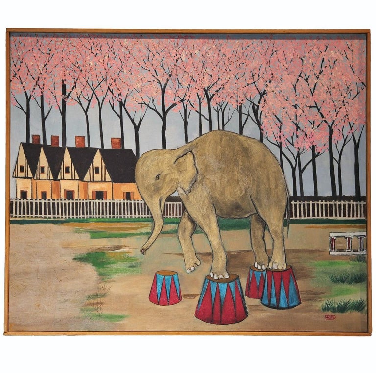 Frank Freed Landscape Painting - "Circus in Spring" Naturalistic Painting with an Elephant