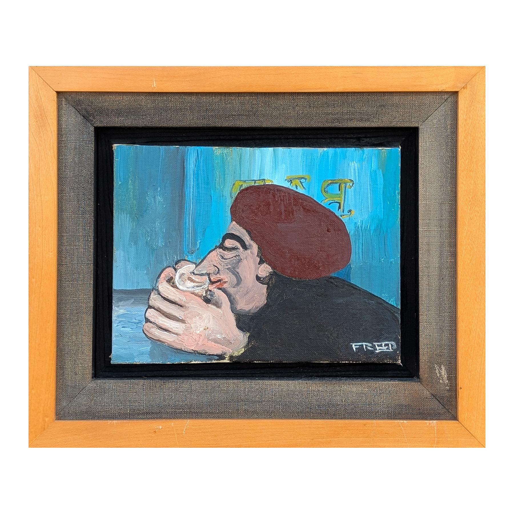 Scène de la vie quotidienne abstraite du début de l'époque moderne représentant un personnage assis et buvant à un bar - Painting de Frank Freed