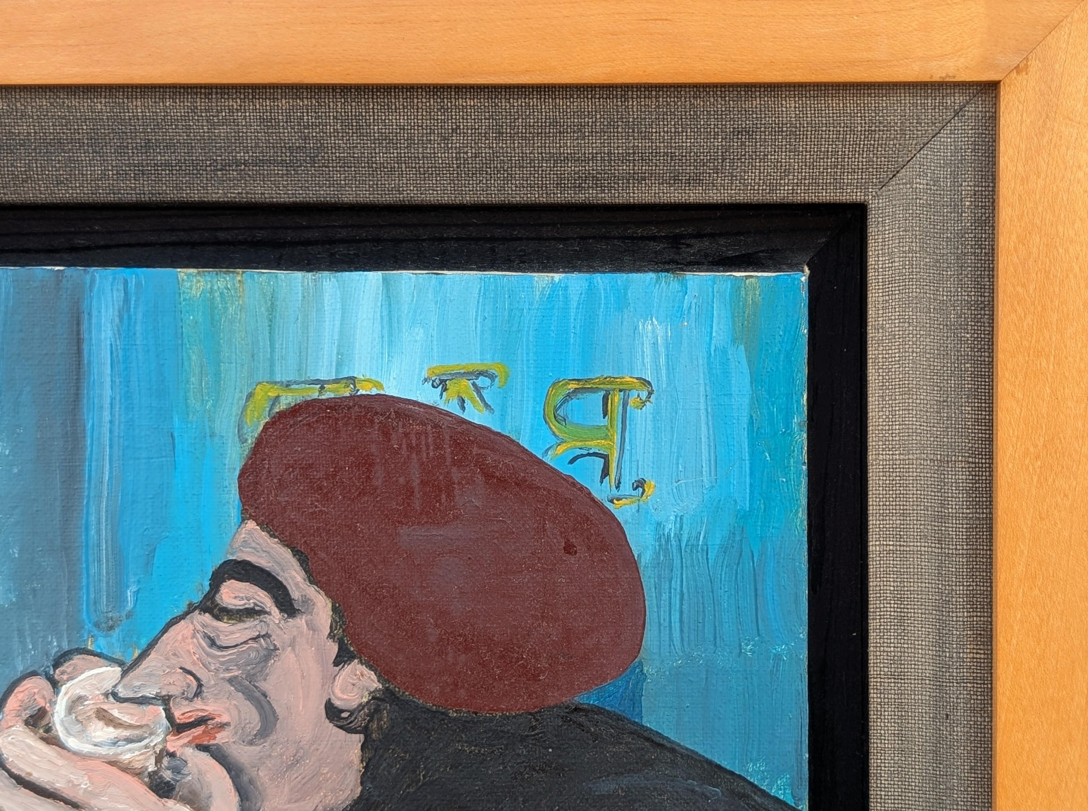 Scène de la vie quotidienne abstraite du début de l'époque moderne représentant un personnage assis et buvant à un bar - Gris Still-Life Painting par Frank Freed