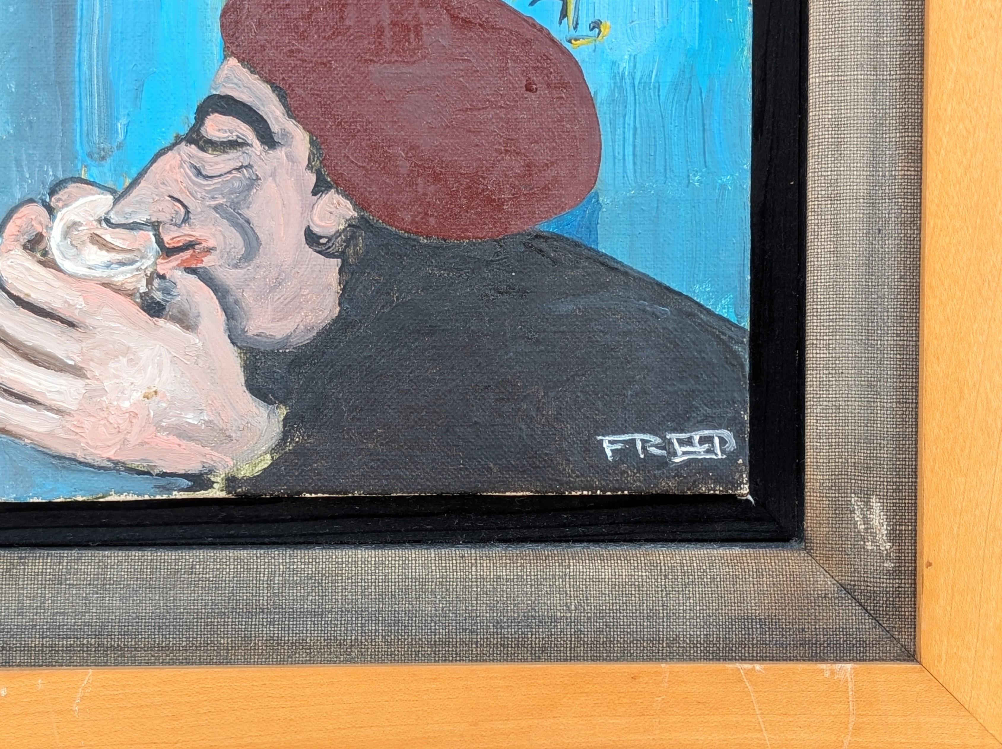 Scène de vie quotidienne abstraite du début de l'ère moderne, réalisée par l'artiste Frank Franks, né au Texas. L'œuvre représente un personnage central vêtu d'un béret rouge qui boit une gorgée de son verre, assis à un bar. Signé dans le coin