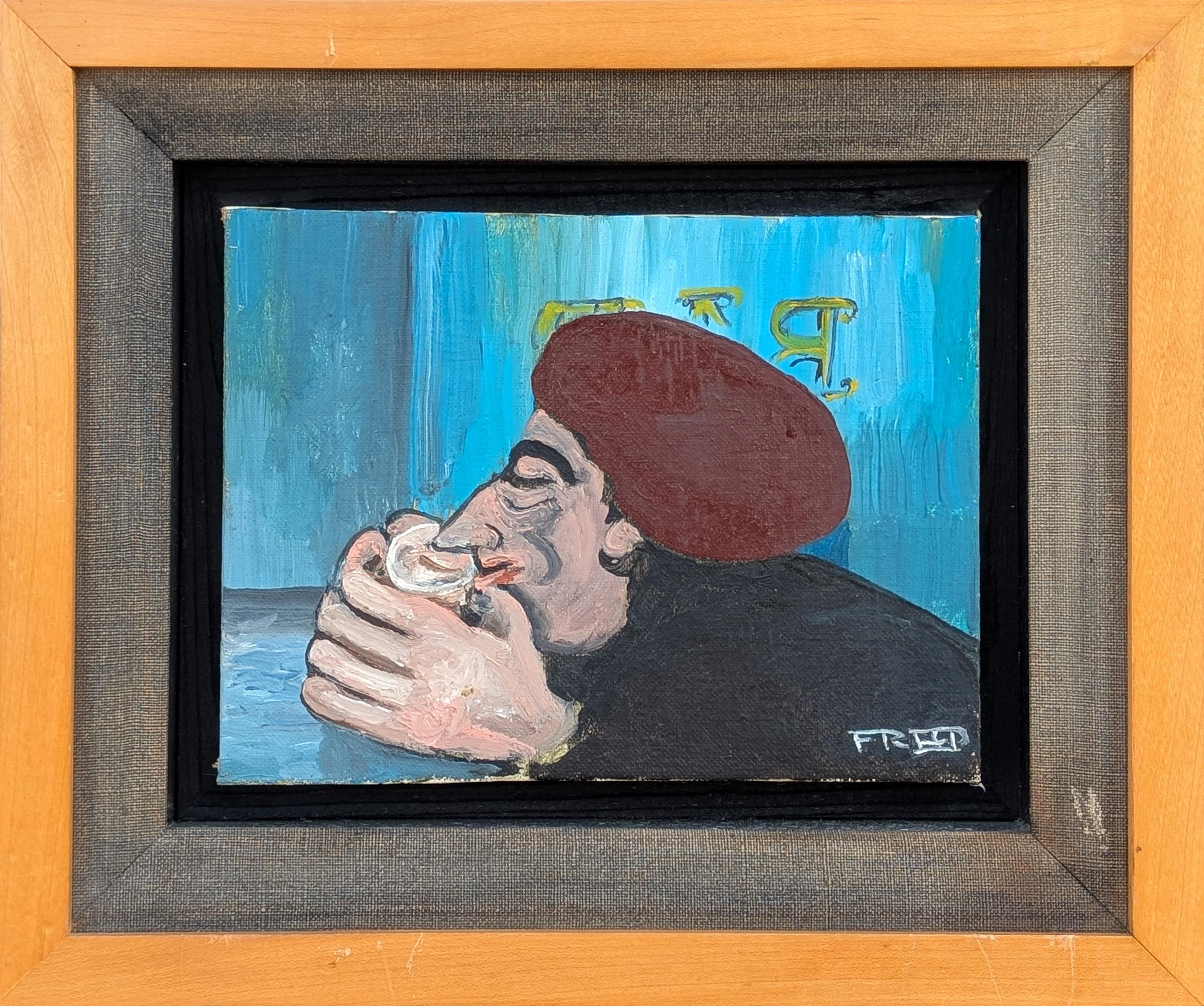 Still-Life Painting Frank Freed - Scène de la vie quotidienne abstraite du début de l'époque moderne représentant un personnage assis et buvant à un bar