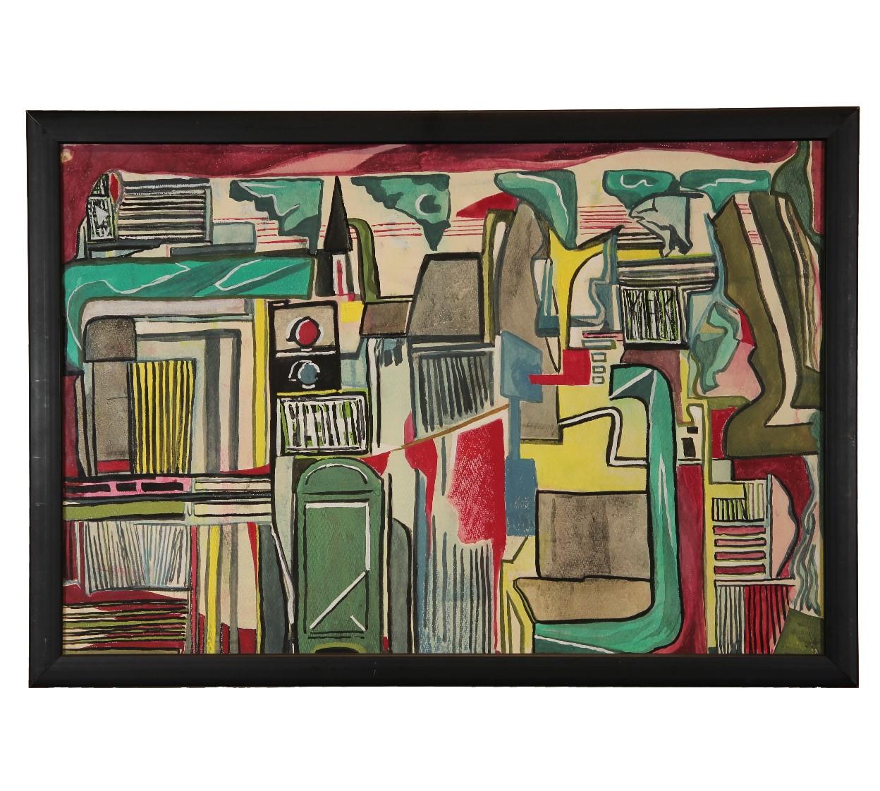 Frank Freed Abstract Painting - "Post Office" Colorful Cubist Abstract