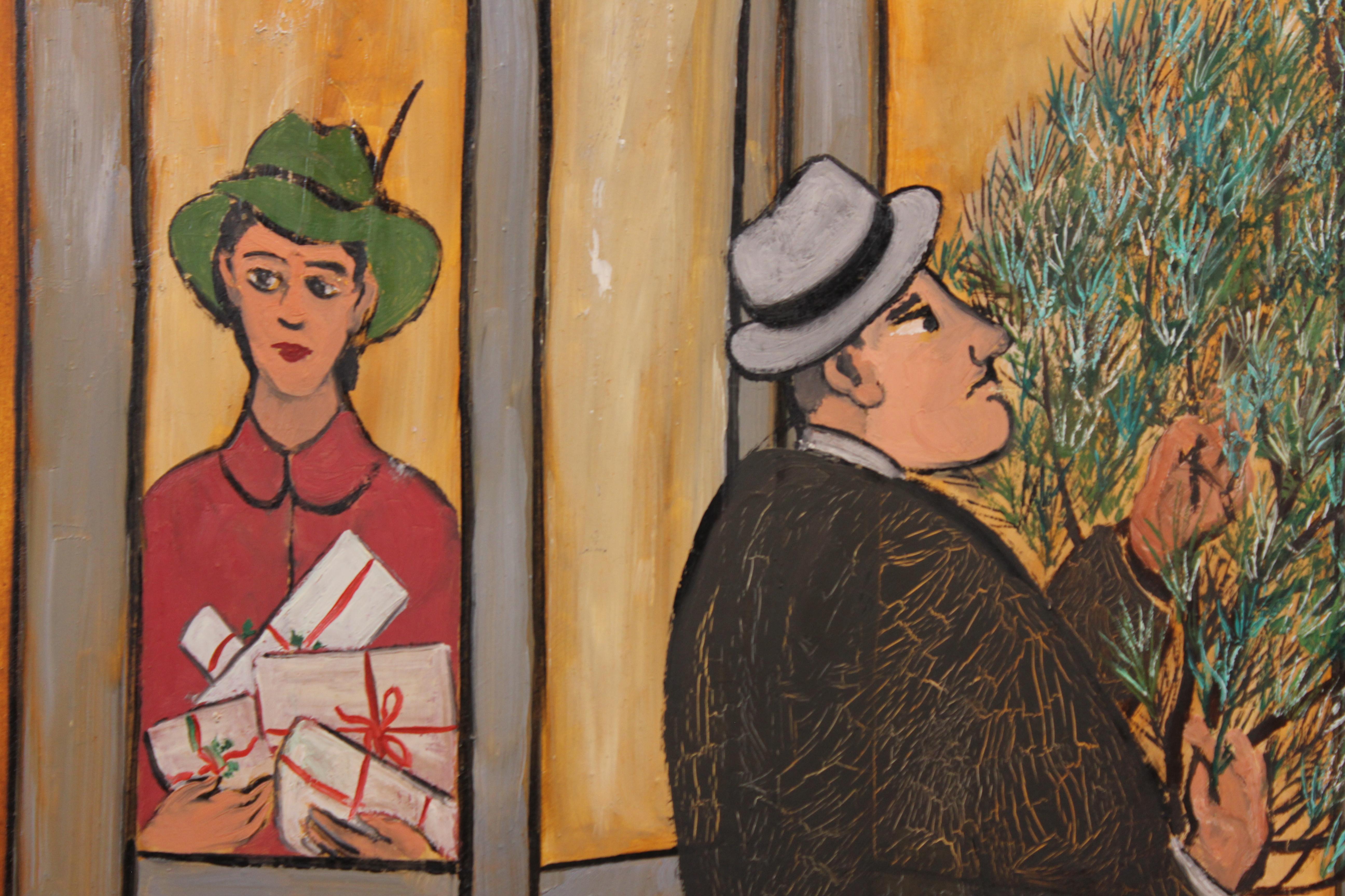 Resolving Door at Christmas - Naturalistic Painting by Frank Freed