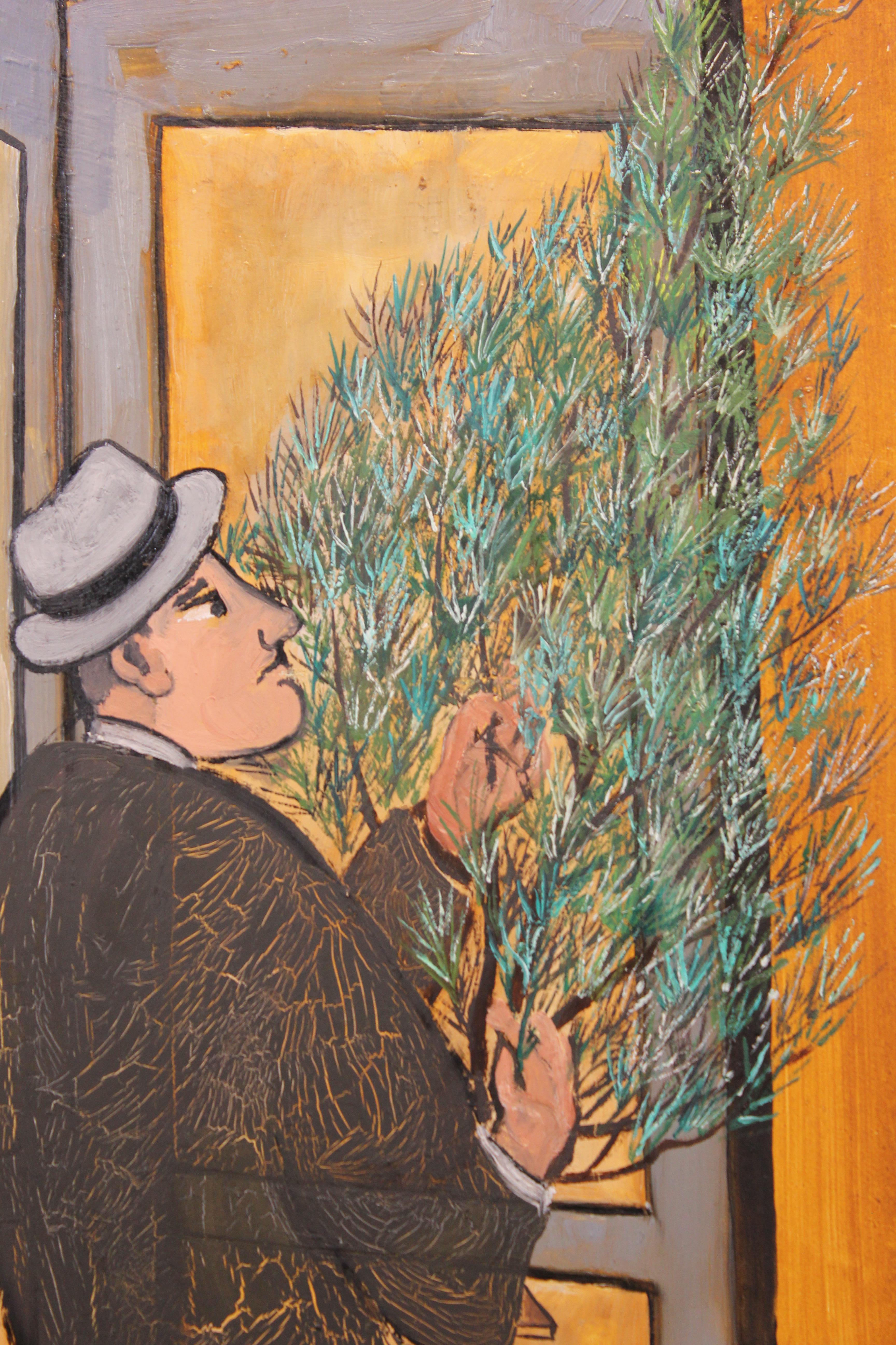 Resolving Door at Christmas - Brown Figurative Painting by Frank Freed