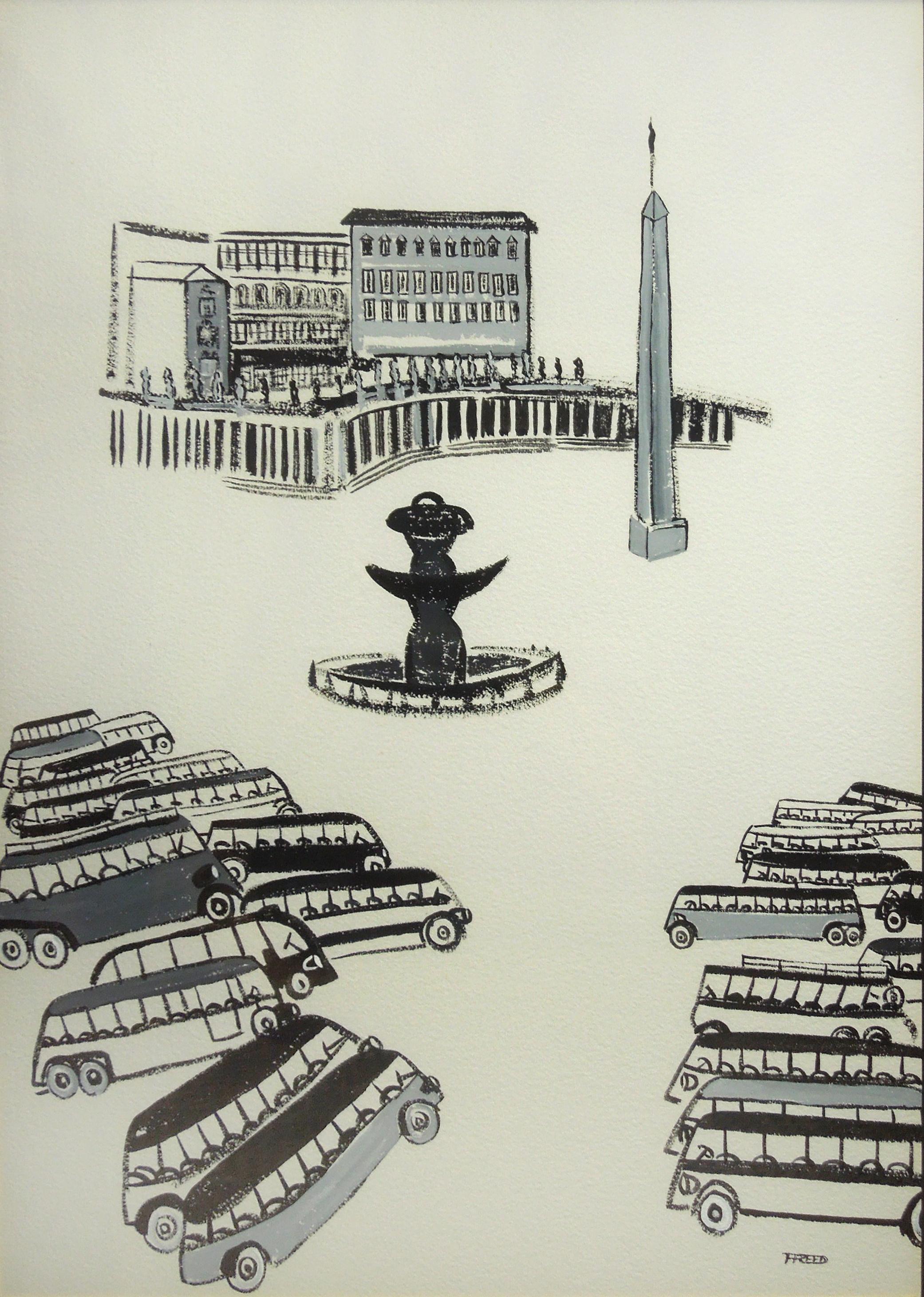 Untitled Gouache Painting of a Plaza - Print by Frank Freed