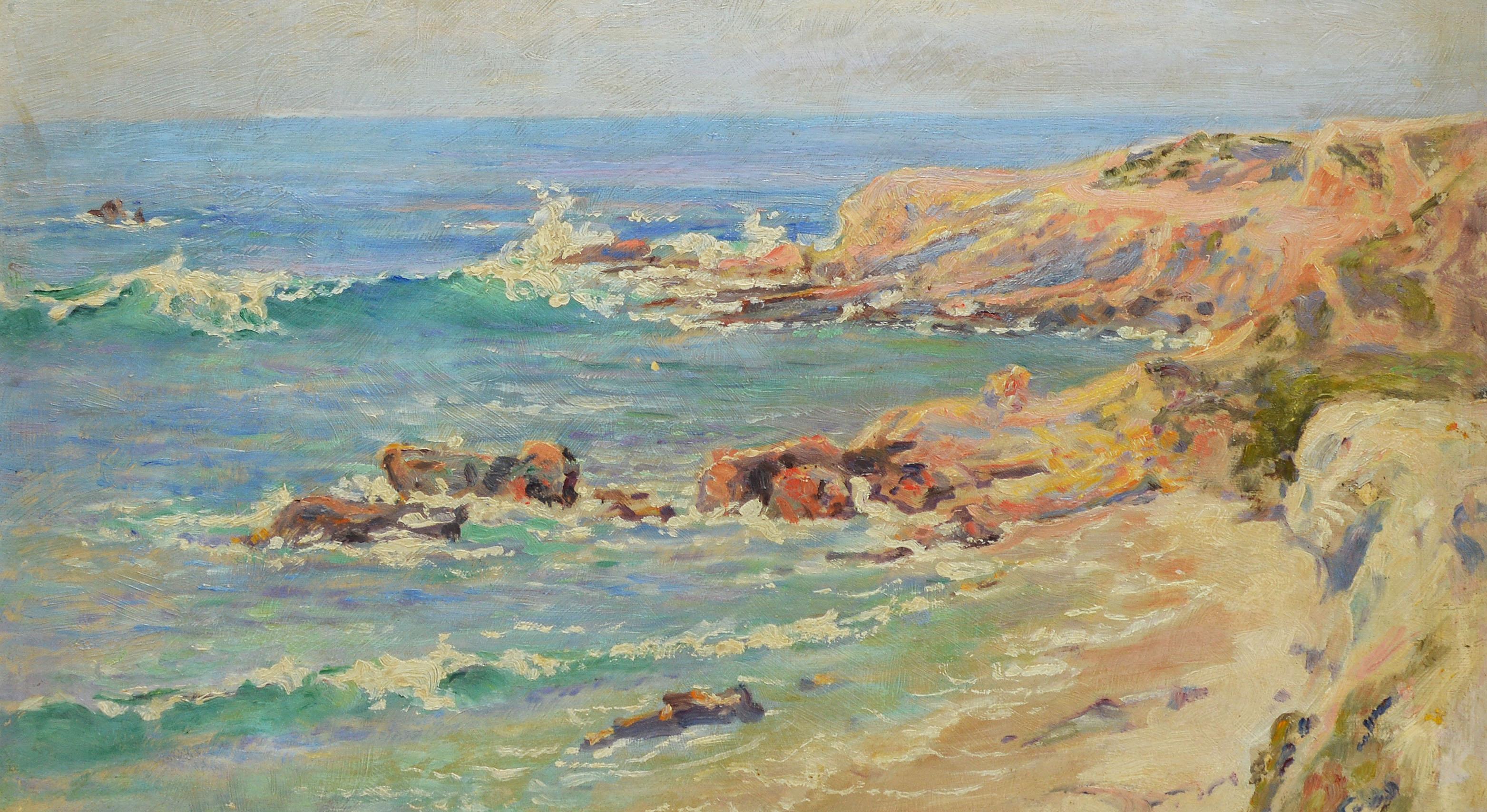 Impressionist view of Laguna Beach, California by Frank French  (1850 - 1933).  Oil on board, circa 1900.  Signed lower right.  Displayed in a period giltwood frame.  Image size, 16