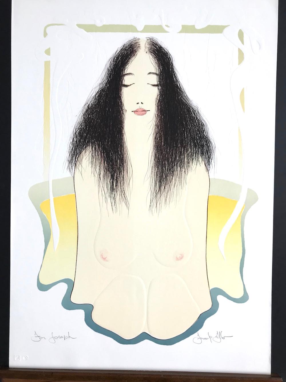 Bathtub Meditation is a hand printed, original limited edition lithograph by the American artist Frank Gallo. Bathtub Meditation is a tranquil female bath portrait depicting a long black haired, nude woman; her youthful delicate form partially