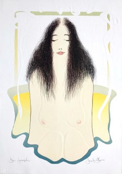 BATHTUB MEDITATION Signed Lithograph, Female Nude Bath Portrait, Art Nouveau 