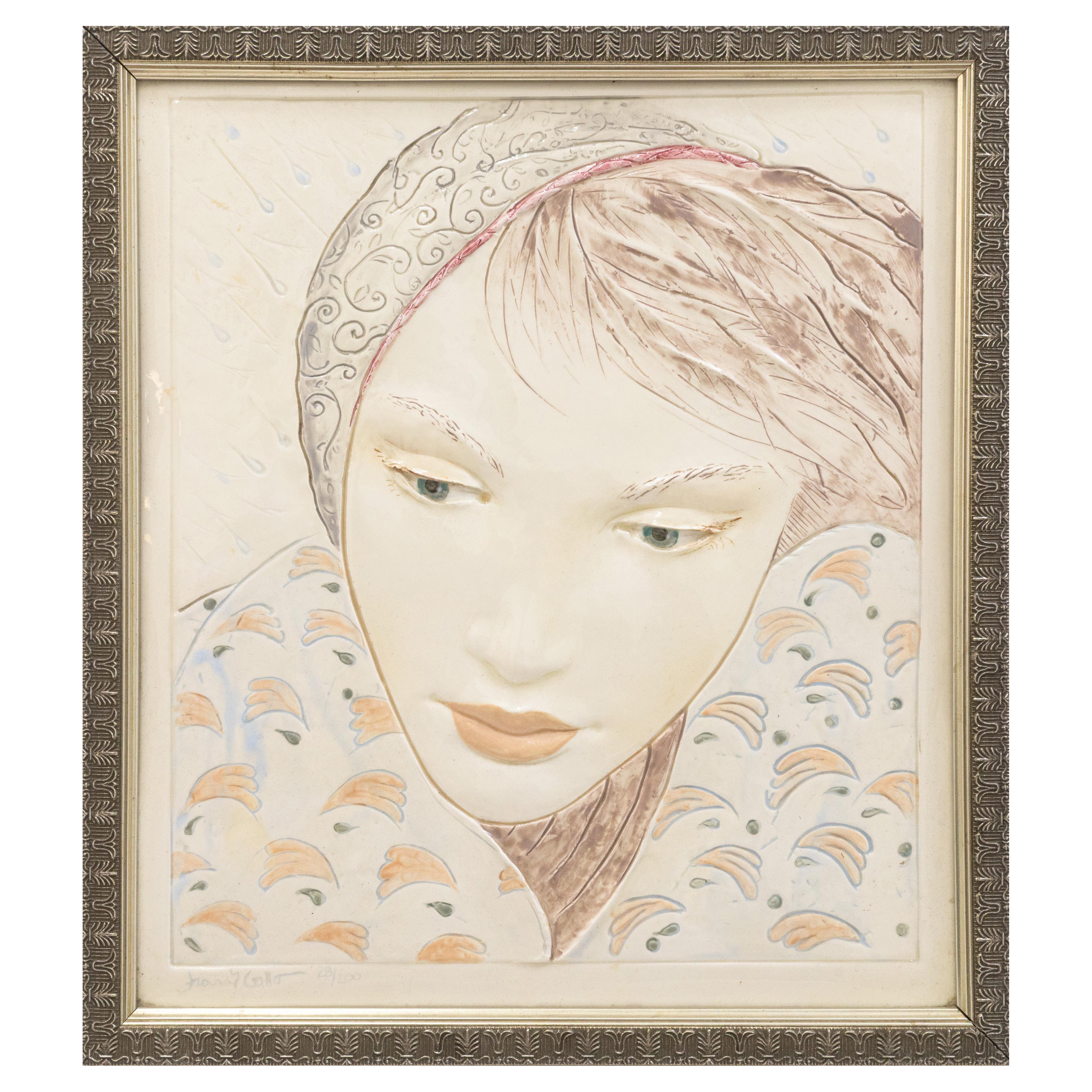 Frank Gallo Woman in the Rain Signed Figurative Ceramic Tile 28/200 Framed 1980s