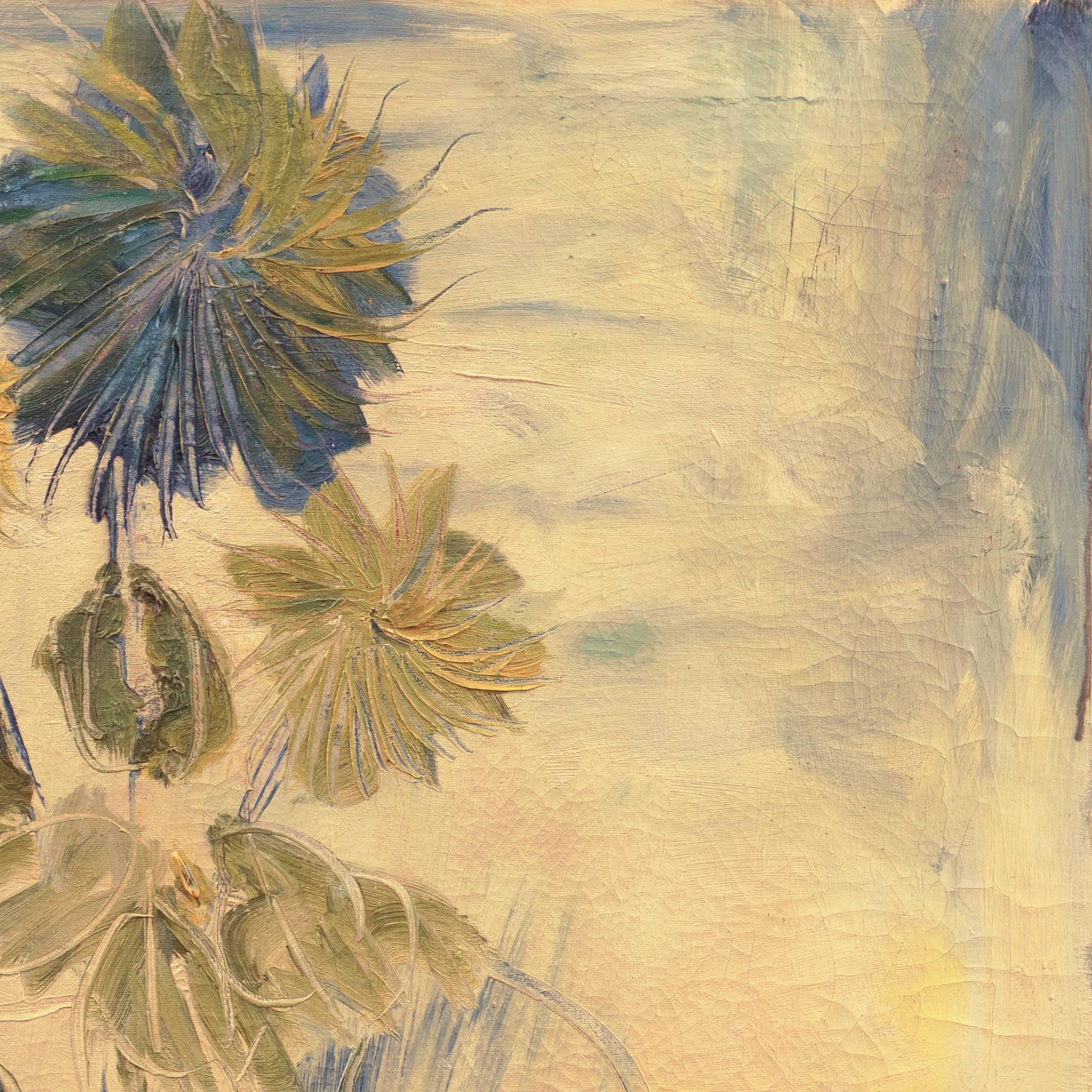 Ein substanzielles Öl aus der Mitte des Jahrhunderts, das Sonnenblumen zeigt, die informell in einer Glasvase arrangiert sind. Ein vollendetes tonalistisches Werk mit zarten Farben und lebhaften, kalligrafischen Pinselstrichen, die den Einfluss von