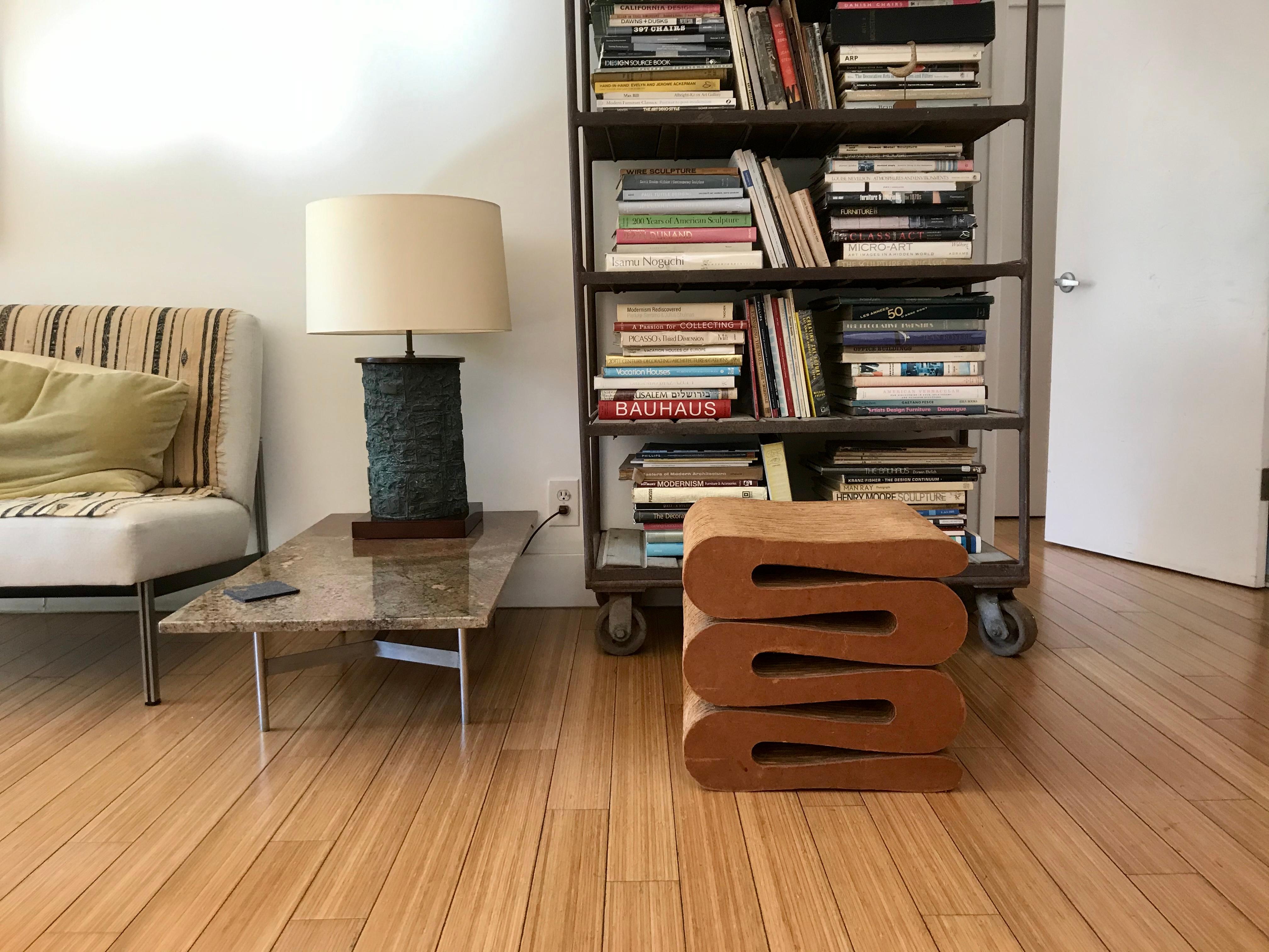 Classic Easy Edges design
Form + function
Furniture as art 
Innovative medium
Cardboard + masonite 
Original vintage condition
Minor wear with a great patina consistent with age
Solid and sturdy
Great for any occasion as a stool, table or add to