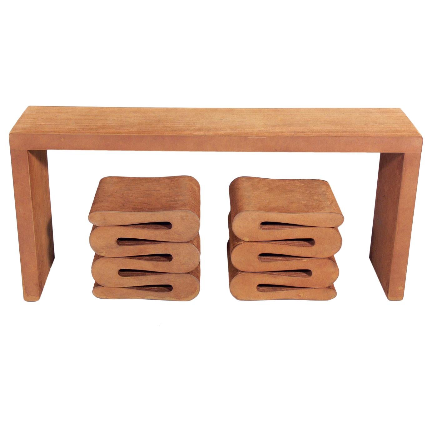 Frank Gehry Console Table and Wiggle Stools