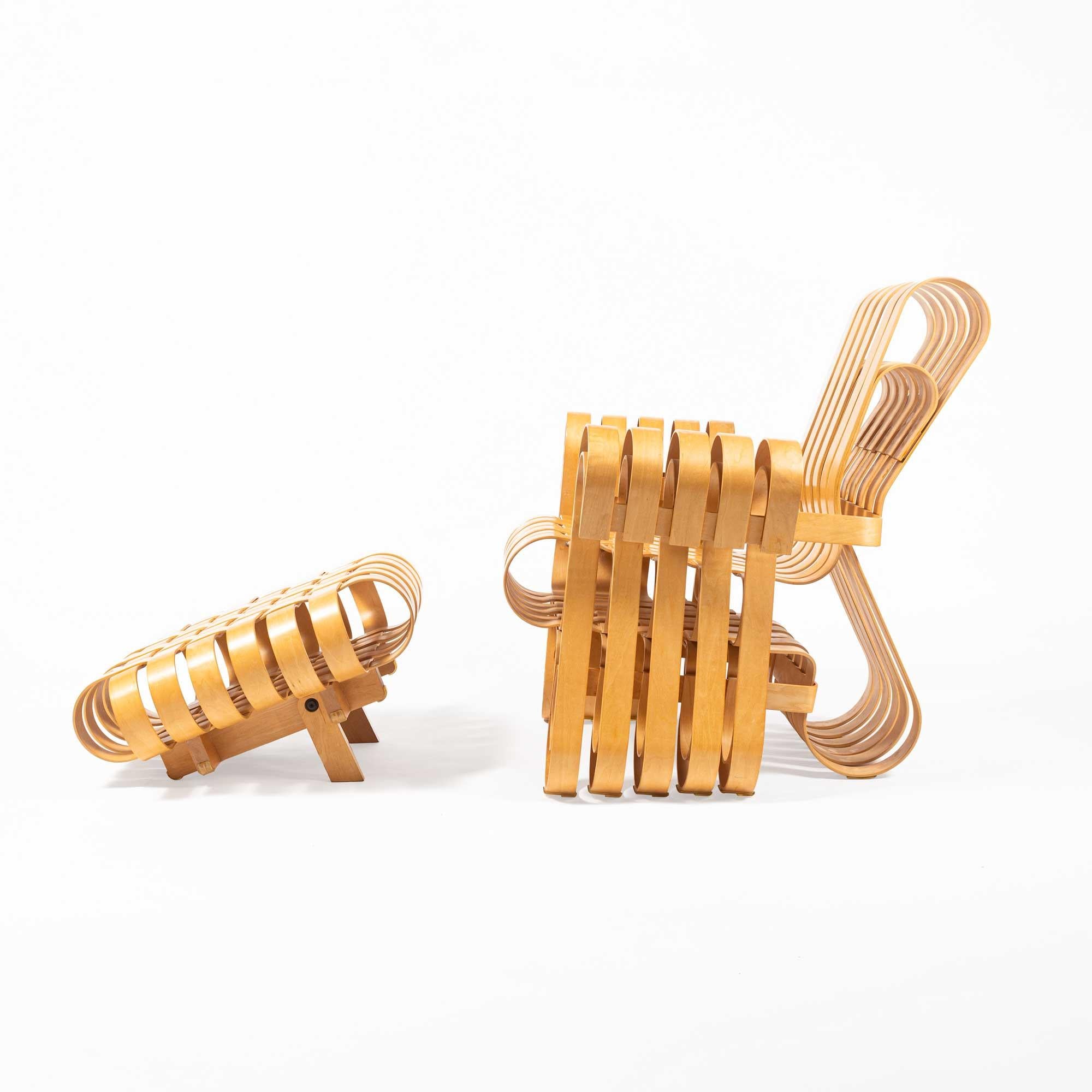 Inspired by the surprising strength of the apple crates he played on as a child, Frank Gehry created his thoroughly original collection of bentwood furniture. The ribbon-like designs transcend the conventions of style by exploring, as the great