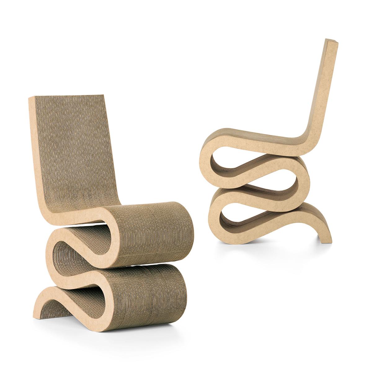 Chairdesigned by Frank Gehry in 1972.
Manufactured by Vitra, Switzerland.

The Wiggle side chair is part of Frank Gehry's 1972 furniture series 'Easy Edges', in which he succeeded in bringing a new aesthetic dimension to such an everyday material