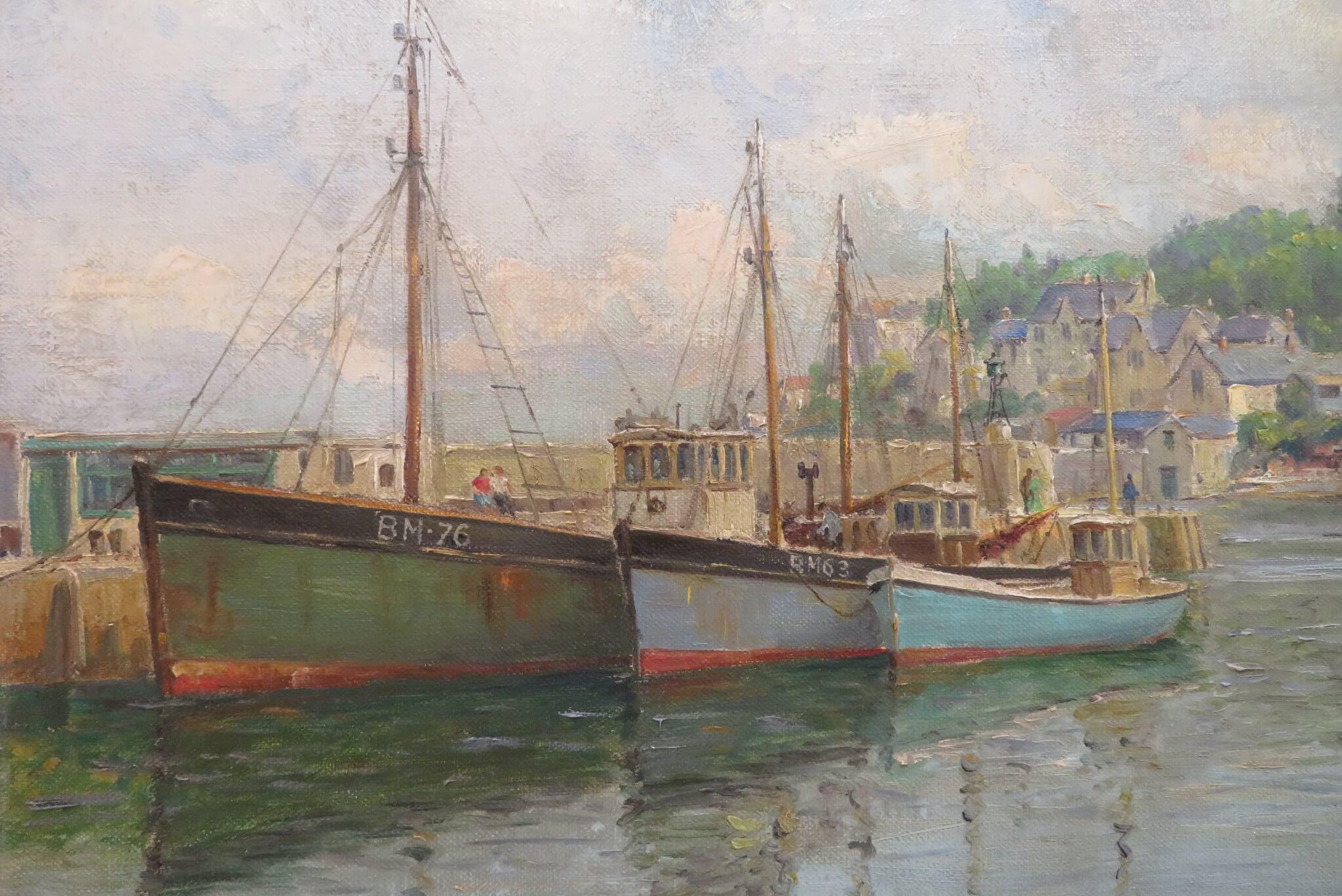 Originale dipinto ad olio della metà del secolo scorso, C.C. 1950, di Marin BRIXHAM HARBOUR DEVON - Landscape Painting Grigio di Frank George Trott