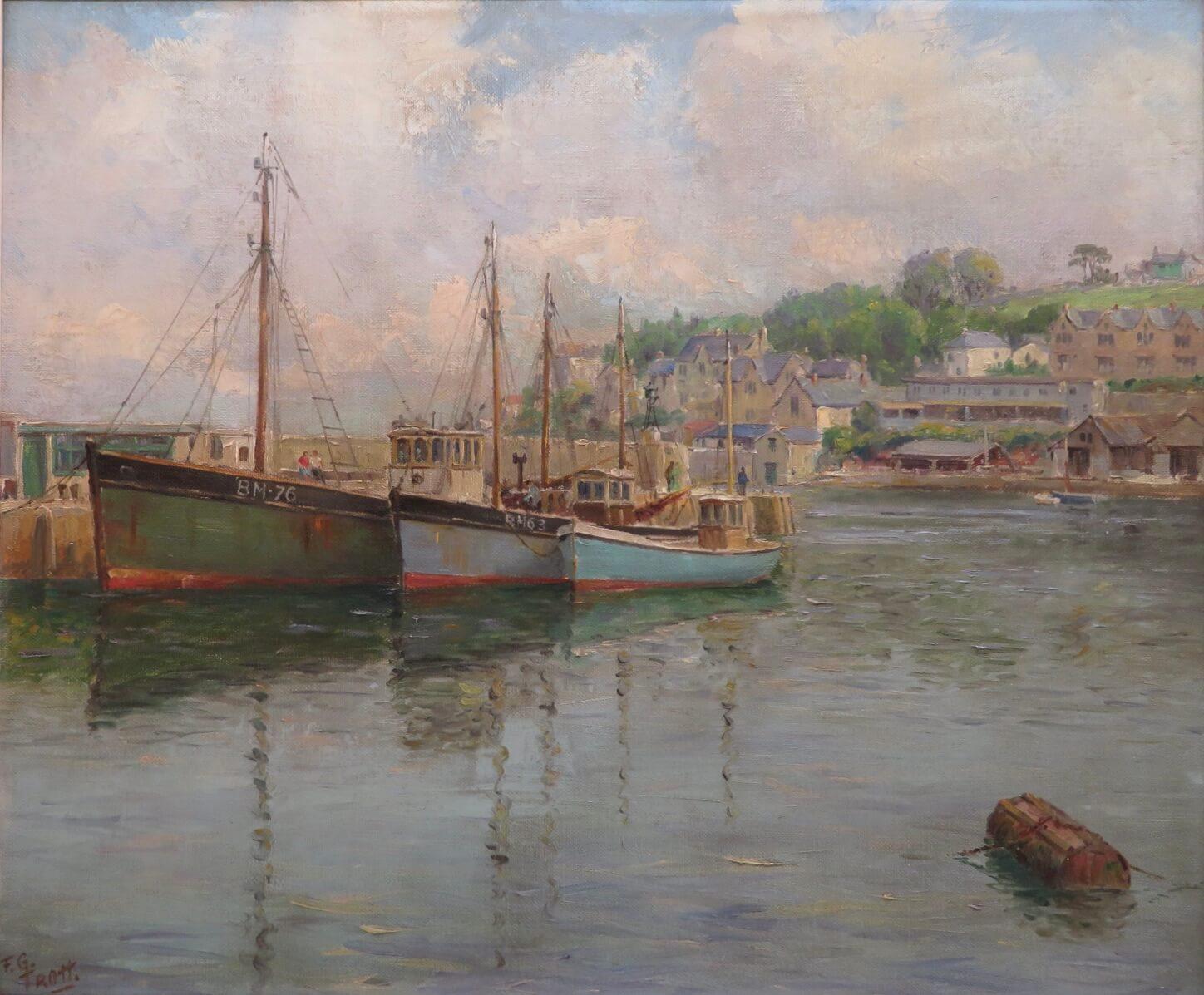 Original Ölgemälde BRIXHAM HARBOUR DEVON ENGLISH MARINE, Mid-Century, ca. 1950er Jahre