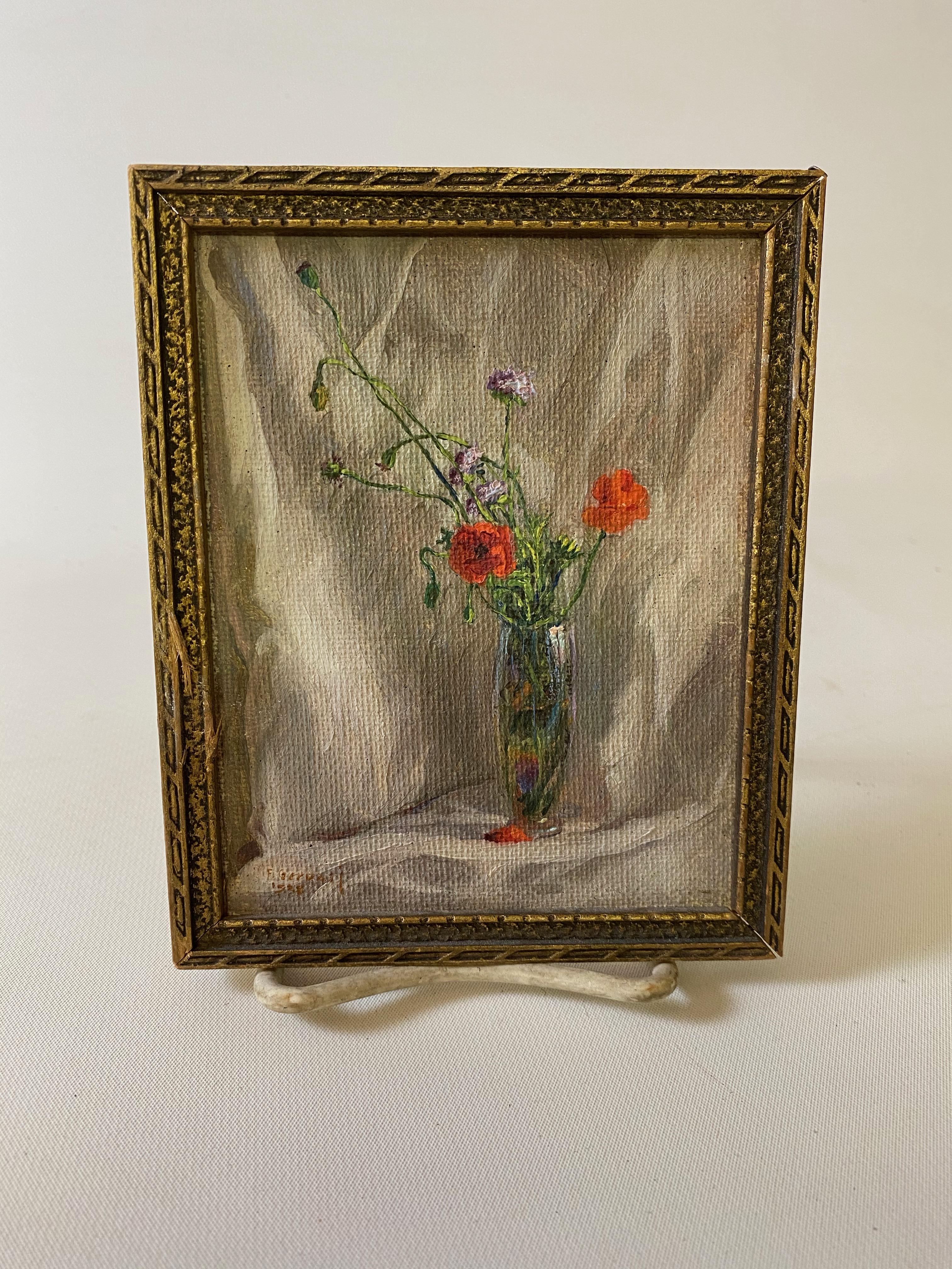Signed lower left and dated, Frank Gervasi, 1928. Frank Gervasi (1895-1986), painted predominantly florals and landscapes and has a strong auction listing. This little gem would work well in a floral grouping or in a small area. The artist has