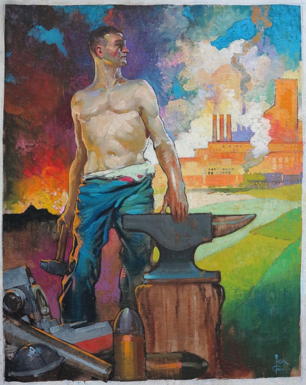 Allegory of Defense Industry (figurative male illustration) - Painting by Frank Godwin