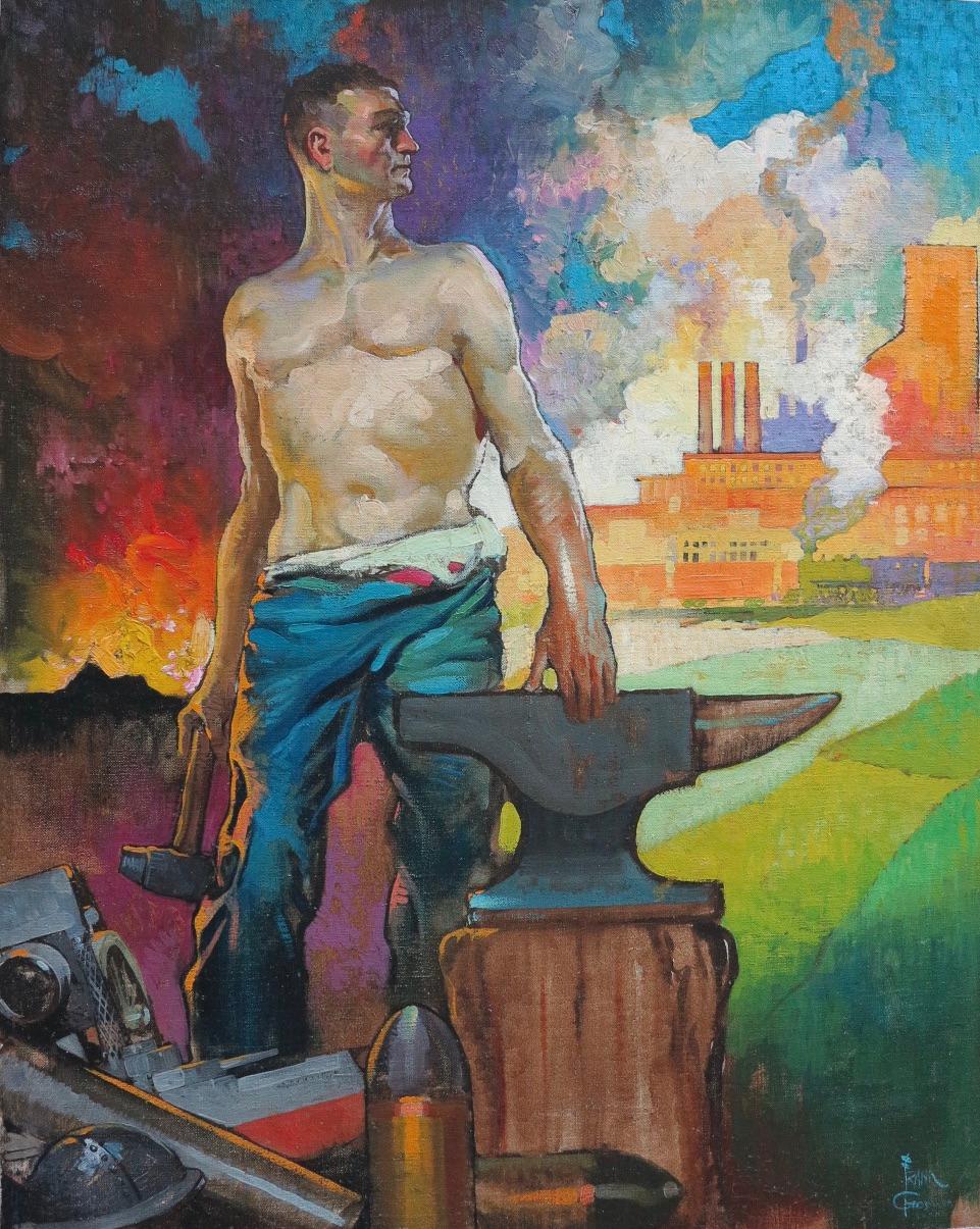 Frank Godwin Figurative Painting - Allegory of Defense Industry (figurative male illustration)