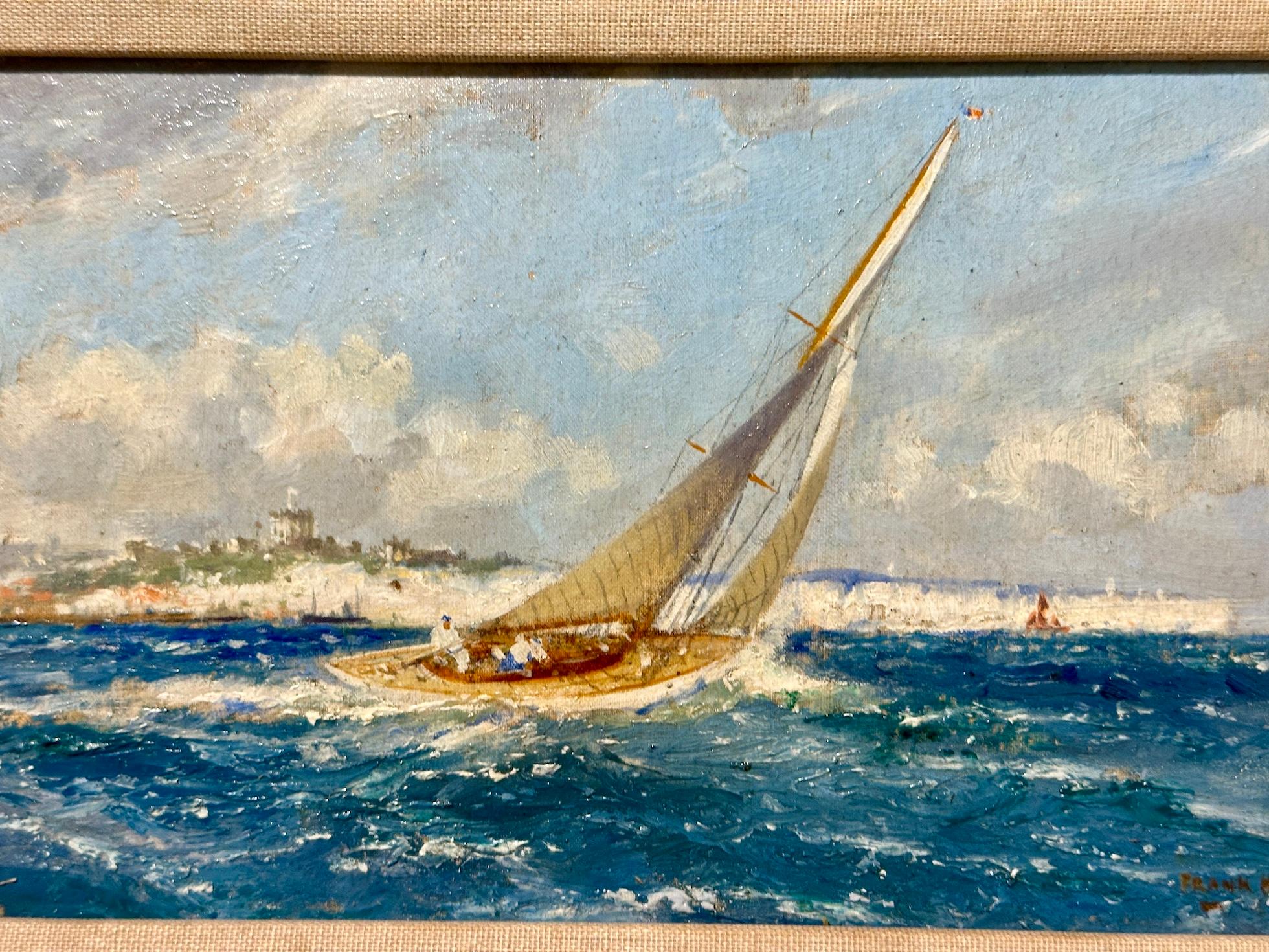 English yacht racing, sailing in the English Channel off the White Cliffs, Dover - Painting by Frank H Mason