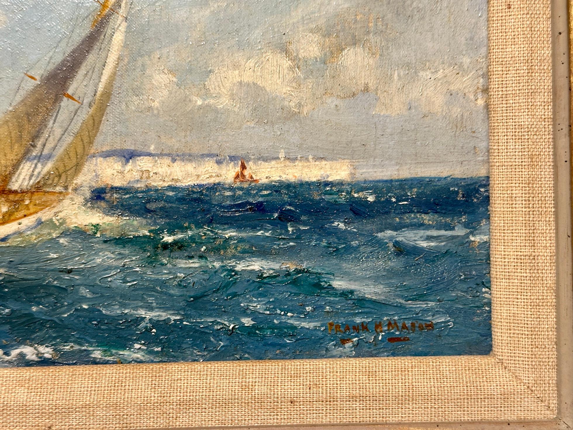 A Yacht racing or sailing in the English Channel off the White Cliffs of Dover by Frank H Mason.

Purchasing 