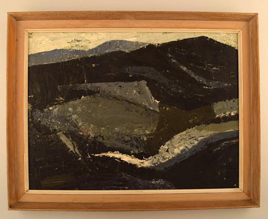 Frank Hammershøj (b. 1940, d. 2013), Danish painter. Oil on board.
Modernist landscape with mountains, 1960s.
In very good condition.
The board measures: 54 x 40 cm.
The frame measures: 4.5 cm.