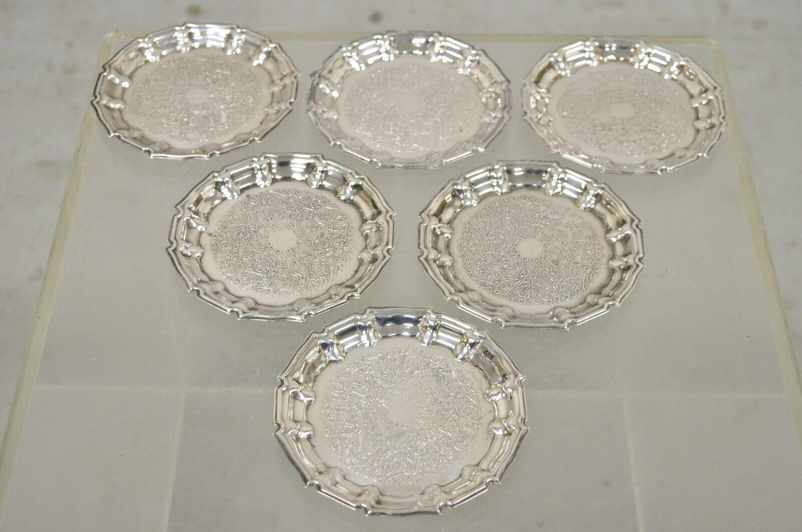 Frank Hawker England silverplate ornate wine coaster tray dish - set of 6 
Item features (6) dishes/coasters, ornate and fancy form. circa Early to Mid 20th Century. Measurements: 0.25