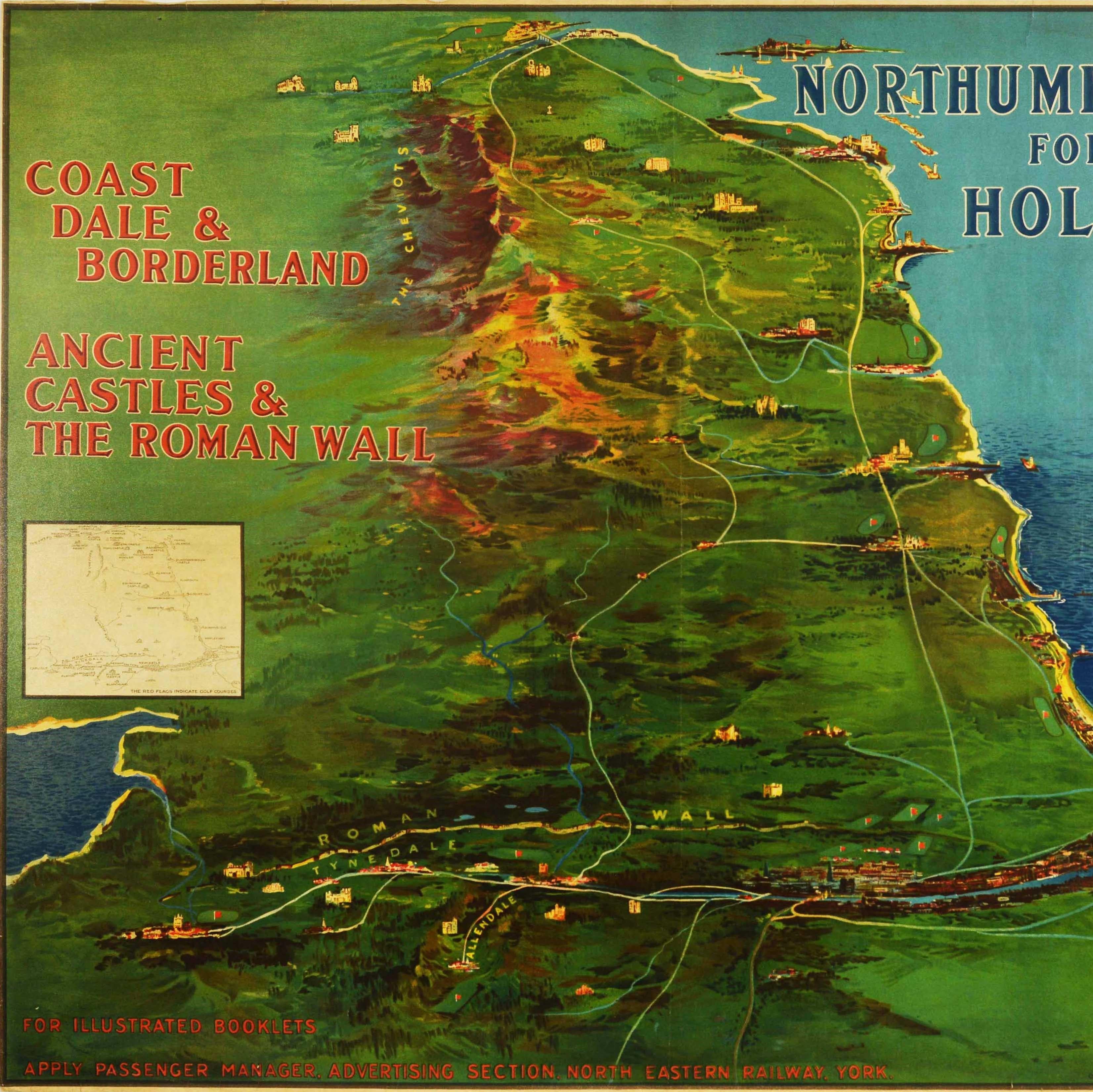 Original Antique Poster Northumberland Holidays Rail Travel Map Golf Roman Wall - Print by Frank Henry Mason