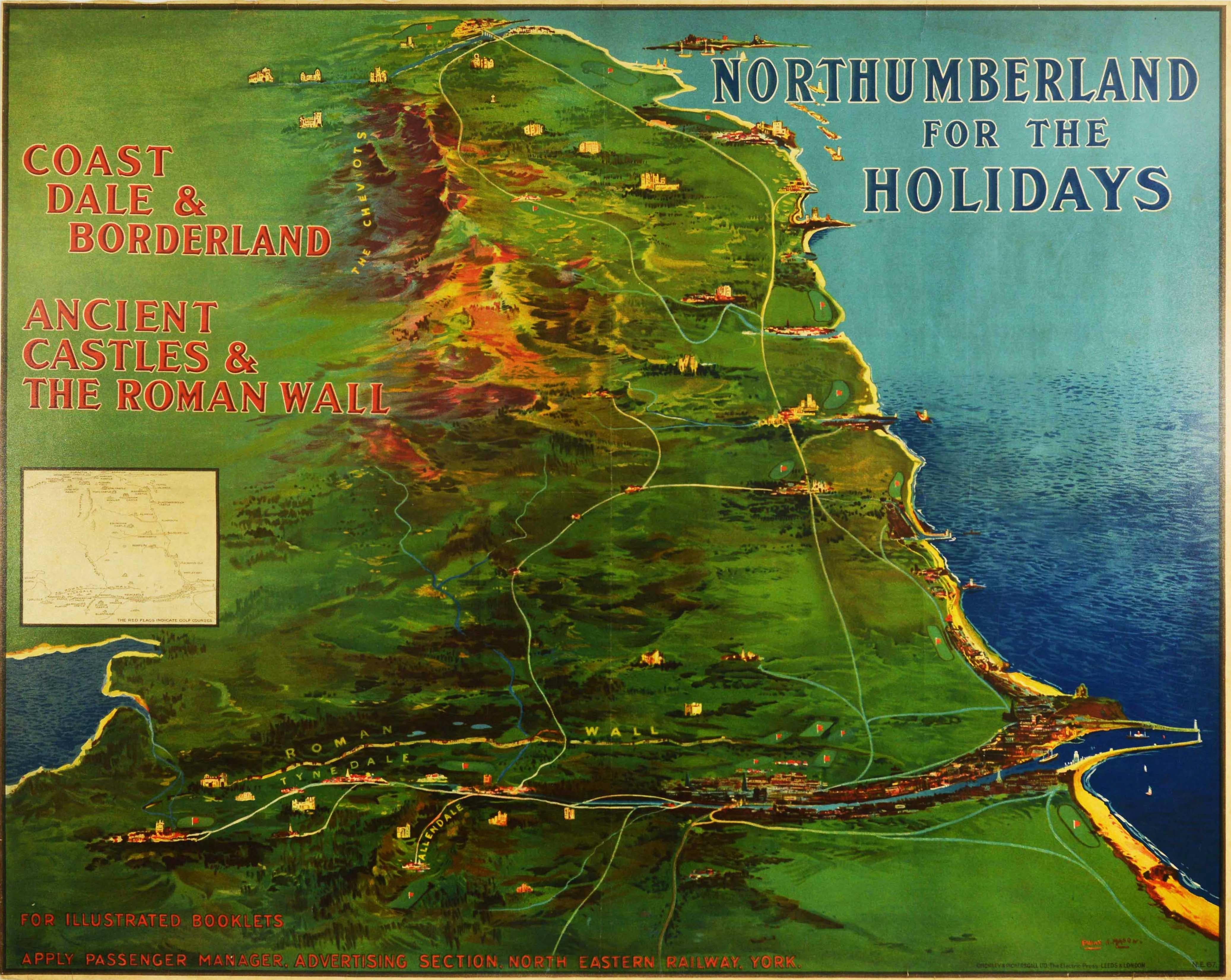 Frank Henry Mason Print - Original Antique Poster Northumberland Holidays Rail Travel Map Golf Roman Wall