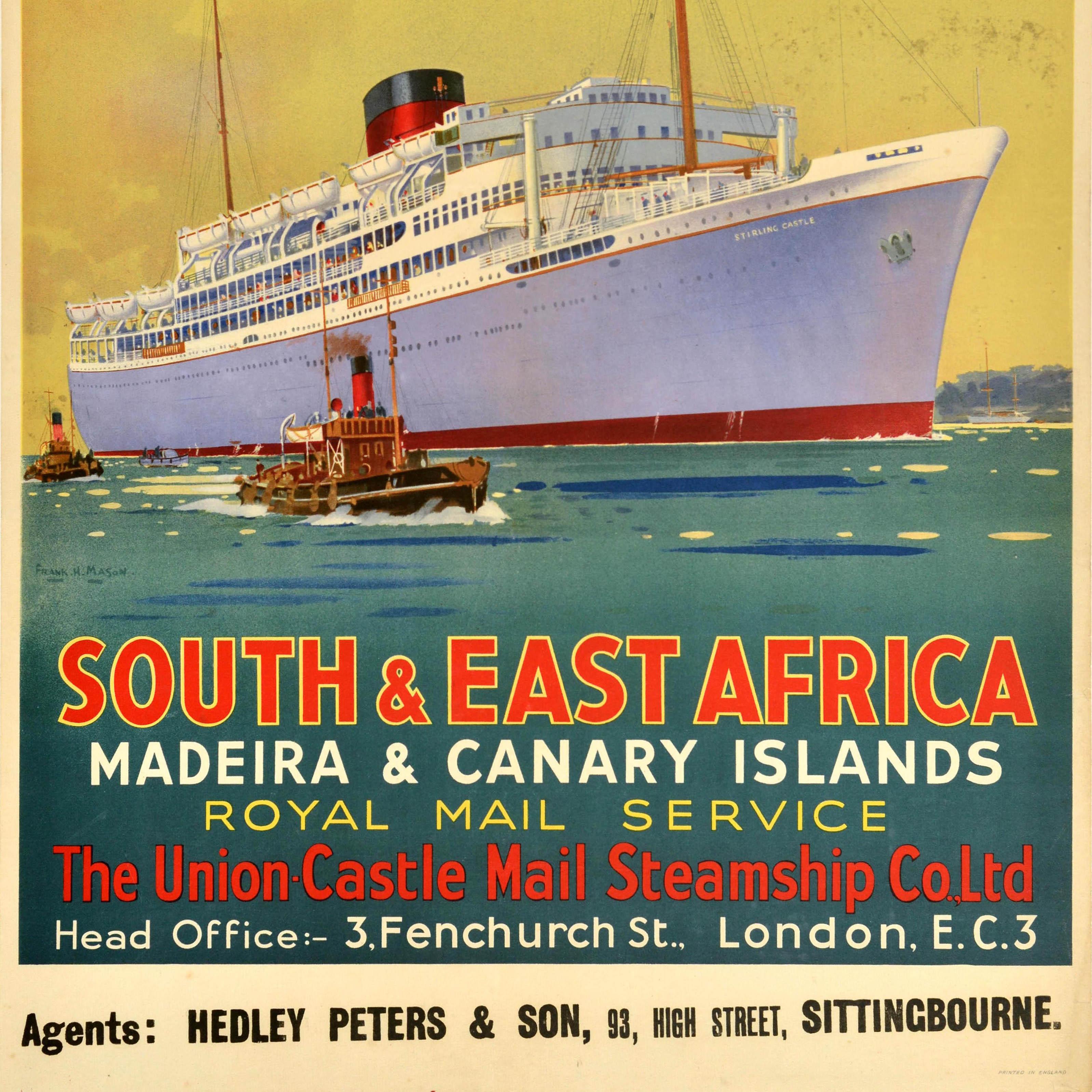 Original Vintage-Kreuzfahrtschiff-Reiseplakat für die Union Castle Line Süd- und Ostafrika Madeira und Kanarische Inseln Royal Mail Service The Union Castle Mail Steamship Co. Ltd. Großartiges Design im Art-déco-Stil des bedeutenden Schifffahrts-